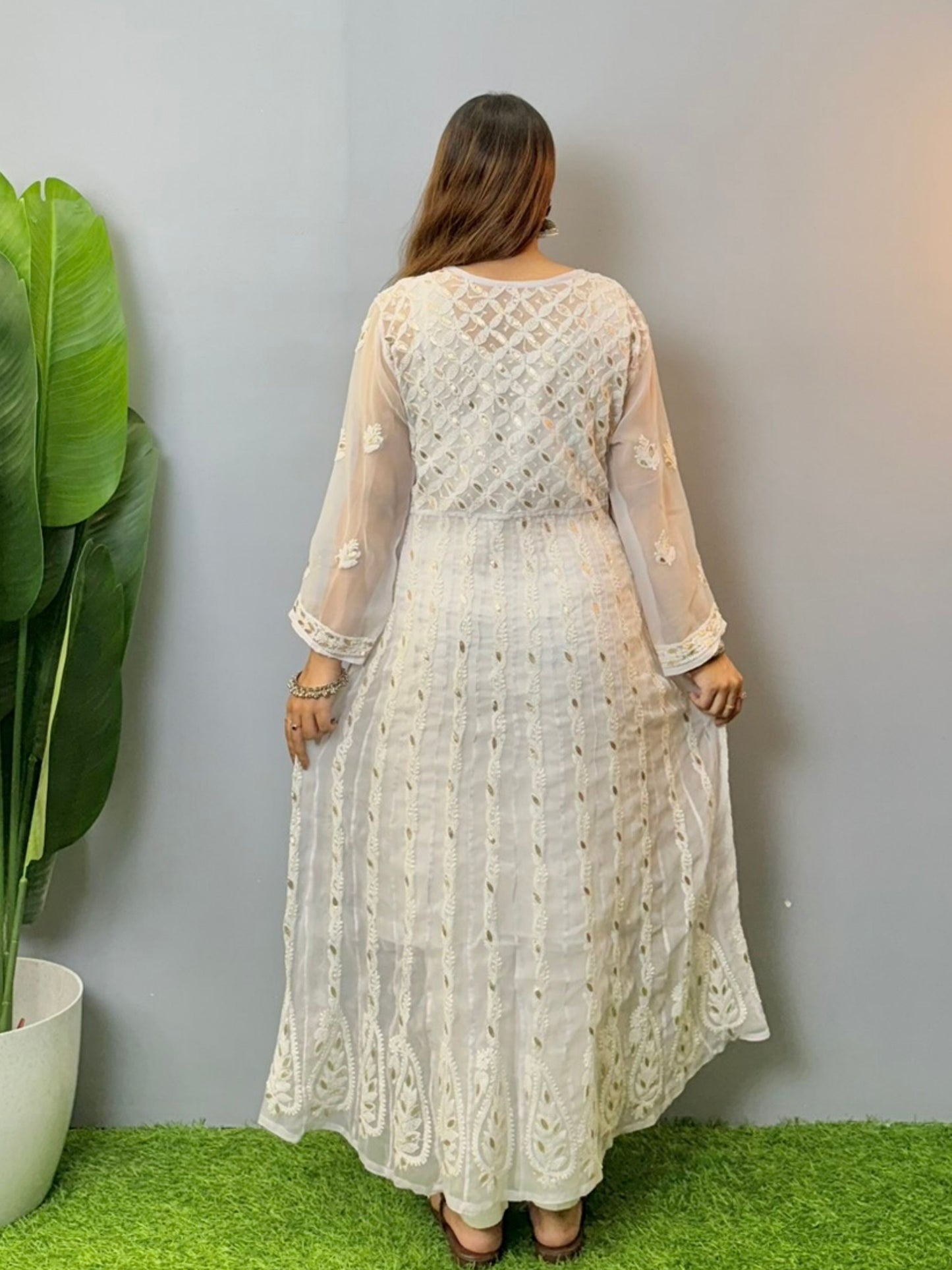 White long georgette frock with Lucknowi Chikankari embroidery and angrakha neck style