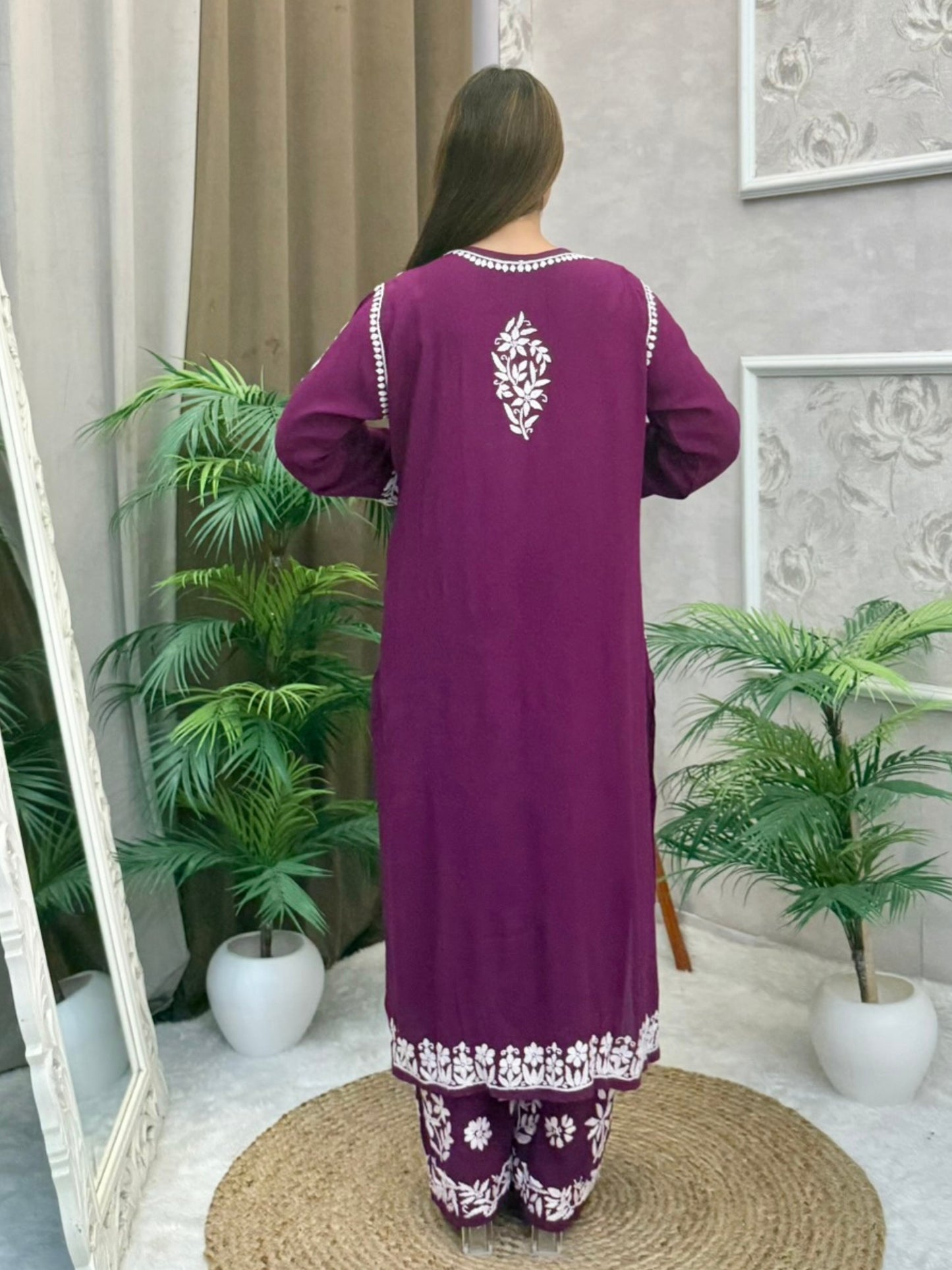 Royal plum modal chikankari kurta and palazzo set with white hand embroidery