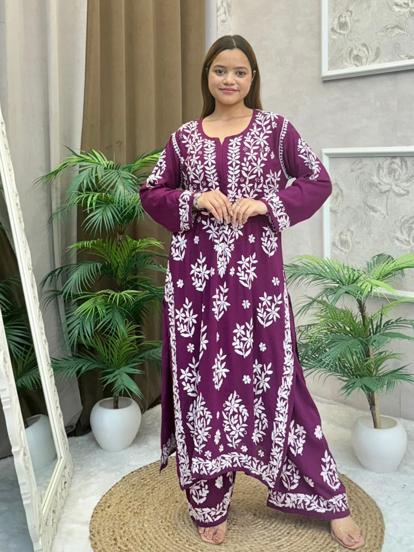 Royal plum modal chikankari kurta and palazzo set with white hand embroidery