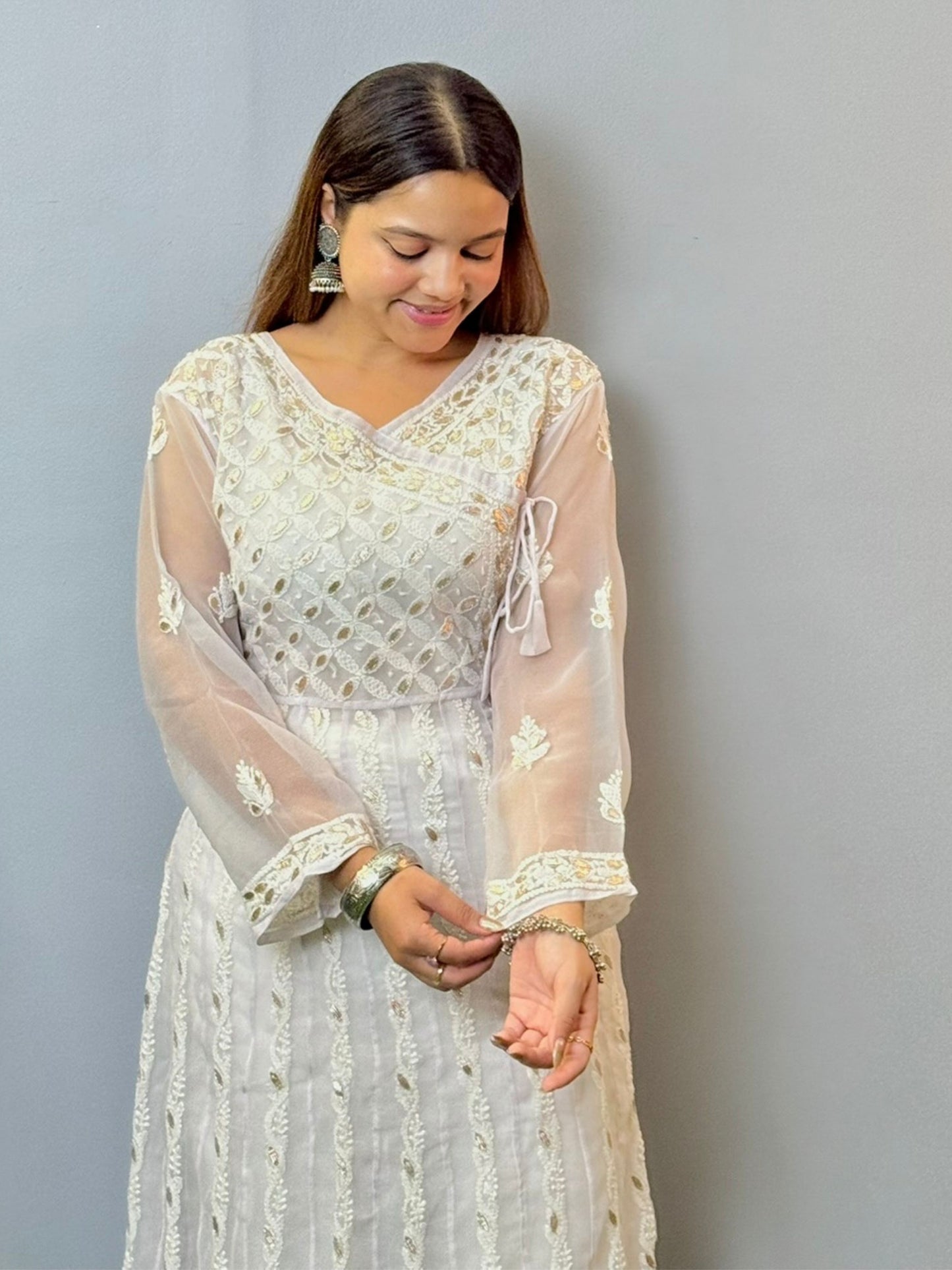 White long georgette frock with Lucknowi Chikankari embroidery and angrakha neck style