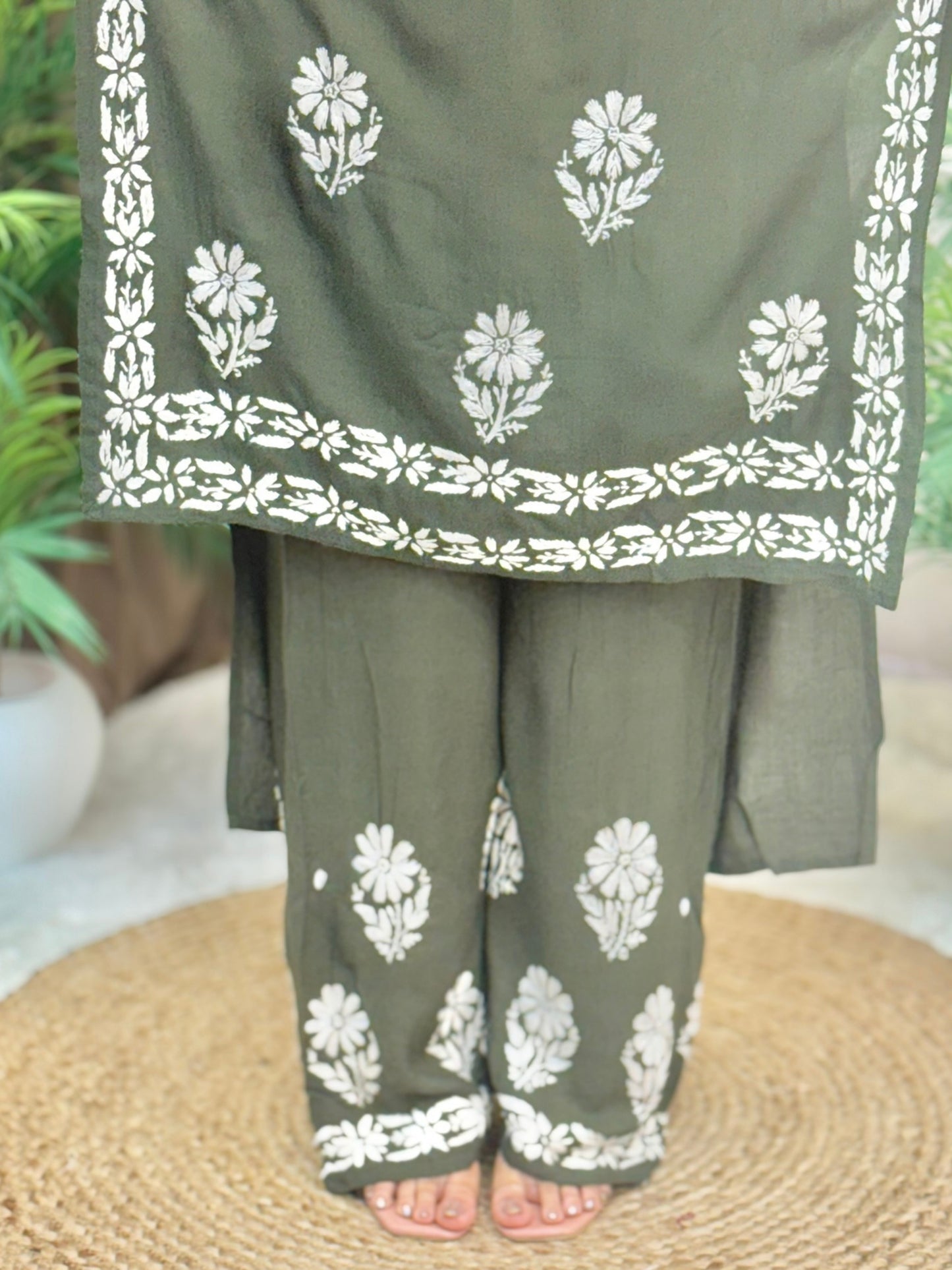 Olive green rayon chikankari kurta and palazzo set with white hand embroidery