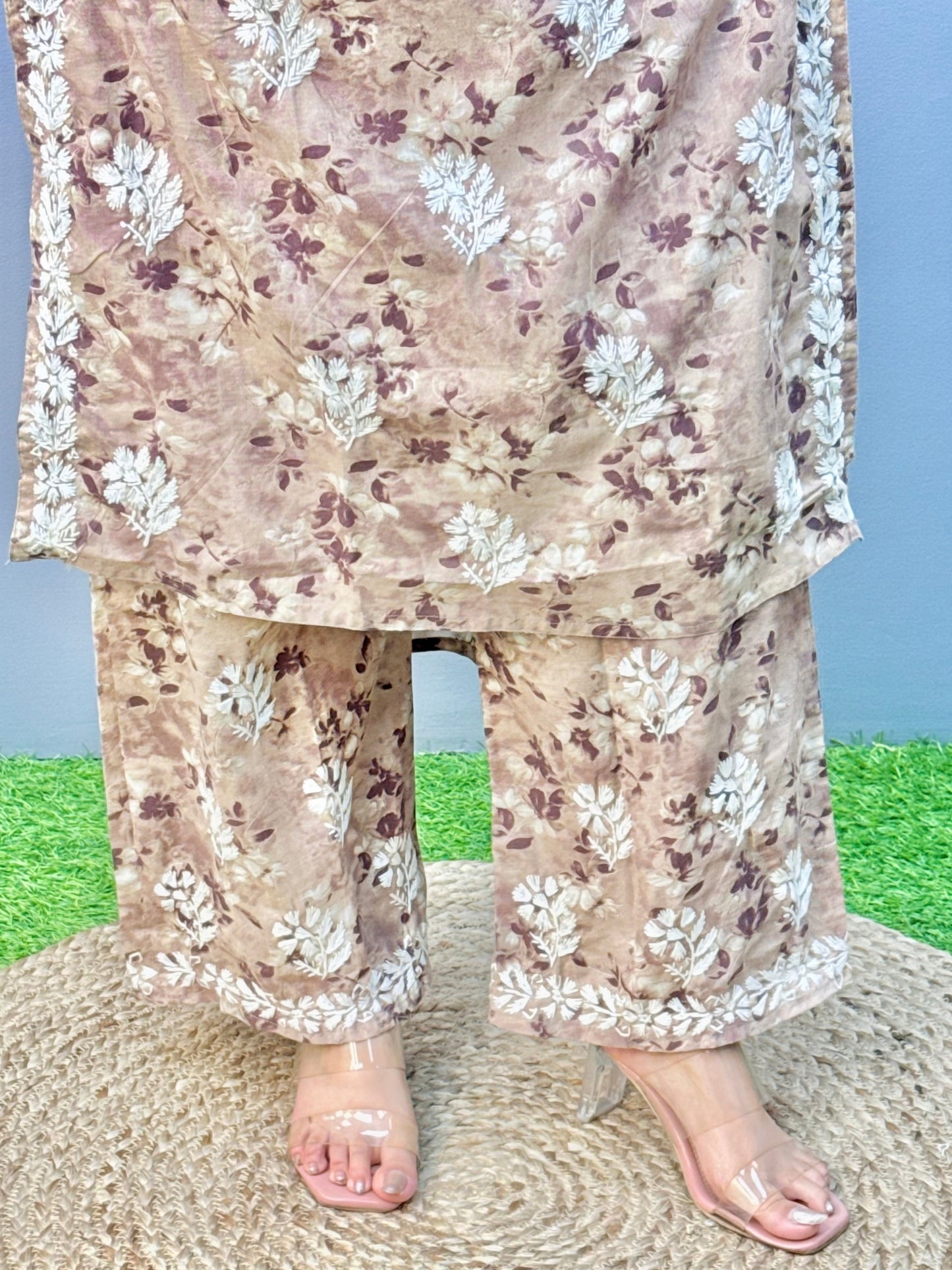 Lucknow Chikankari printed brown mulmul kurta and palazzo set with hand embroidery.