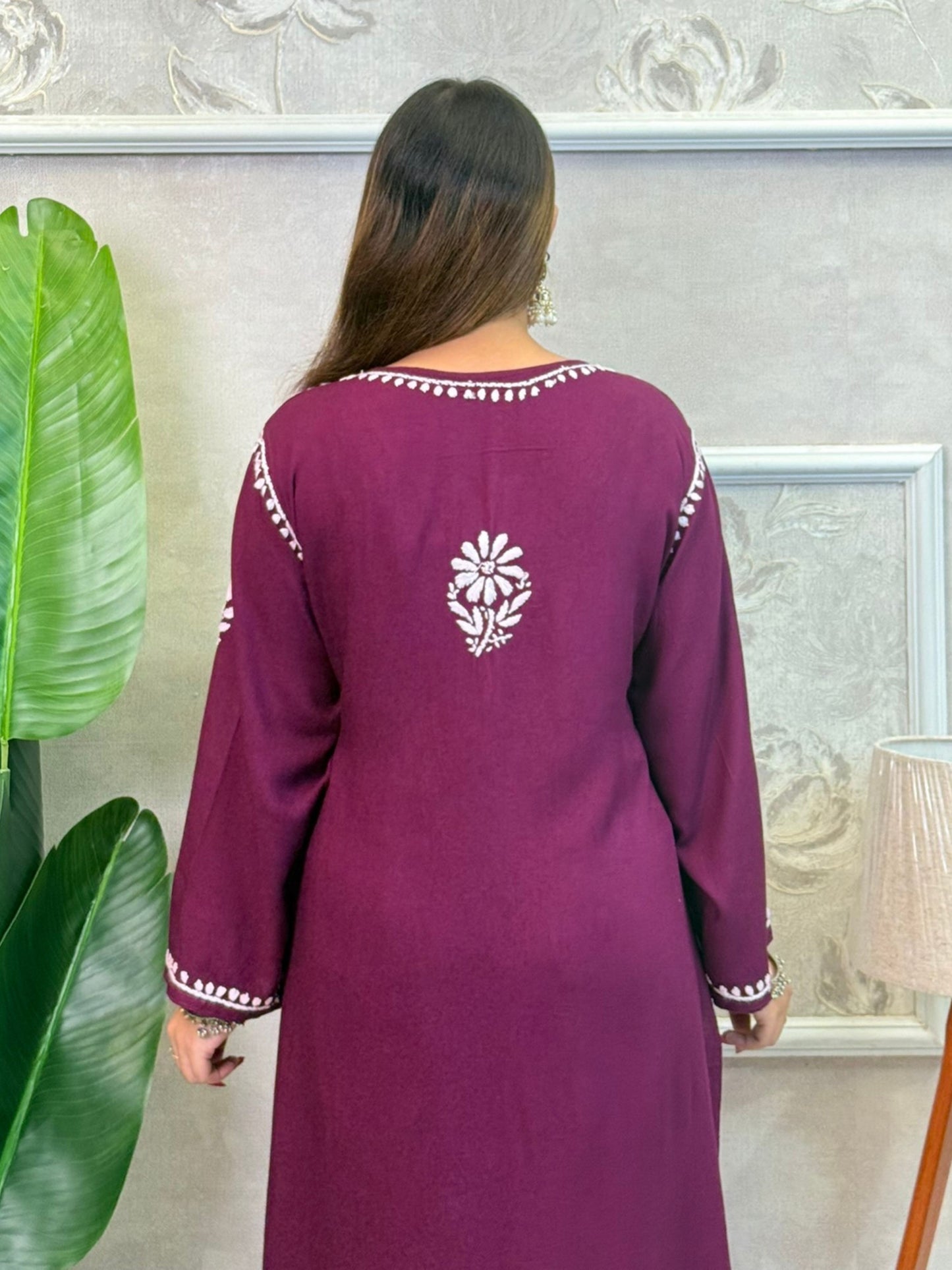 Wine rayon chikankari kurta and Afghani pant set with white hand embroidery – soft and comfortable
