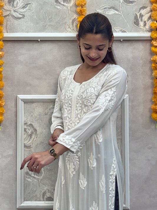 White dyable modal chikankari kurta with hand embroidery, premium quality