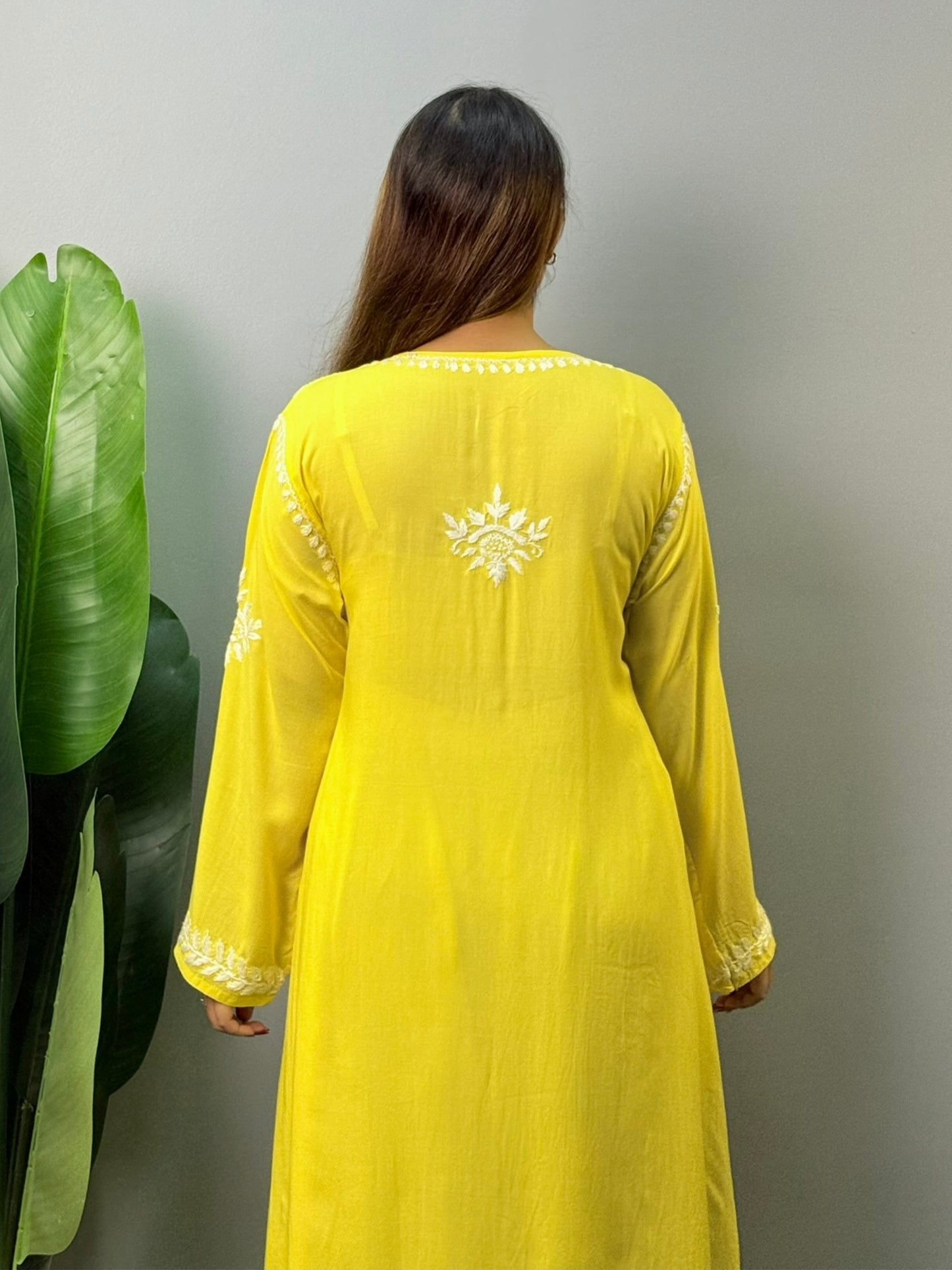 Yellow modal Lucknowi Chikankari kurta with hand embroidery – soft and elegant ethnic wear for women