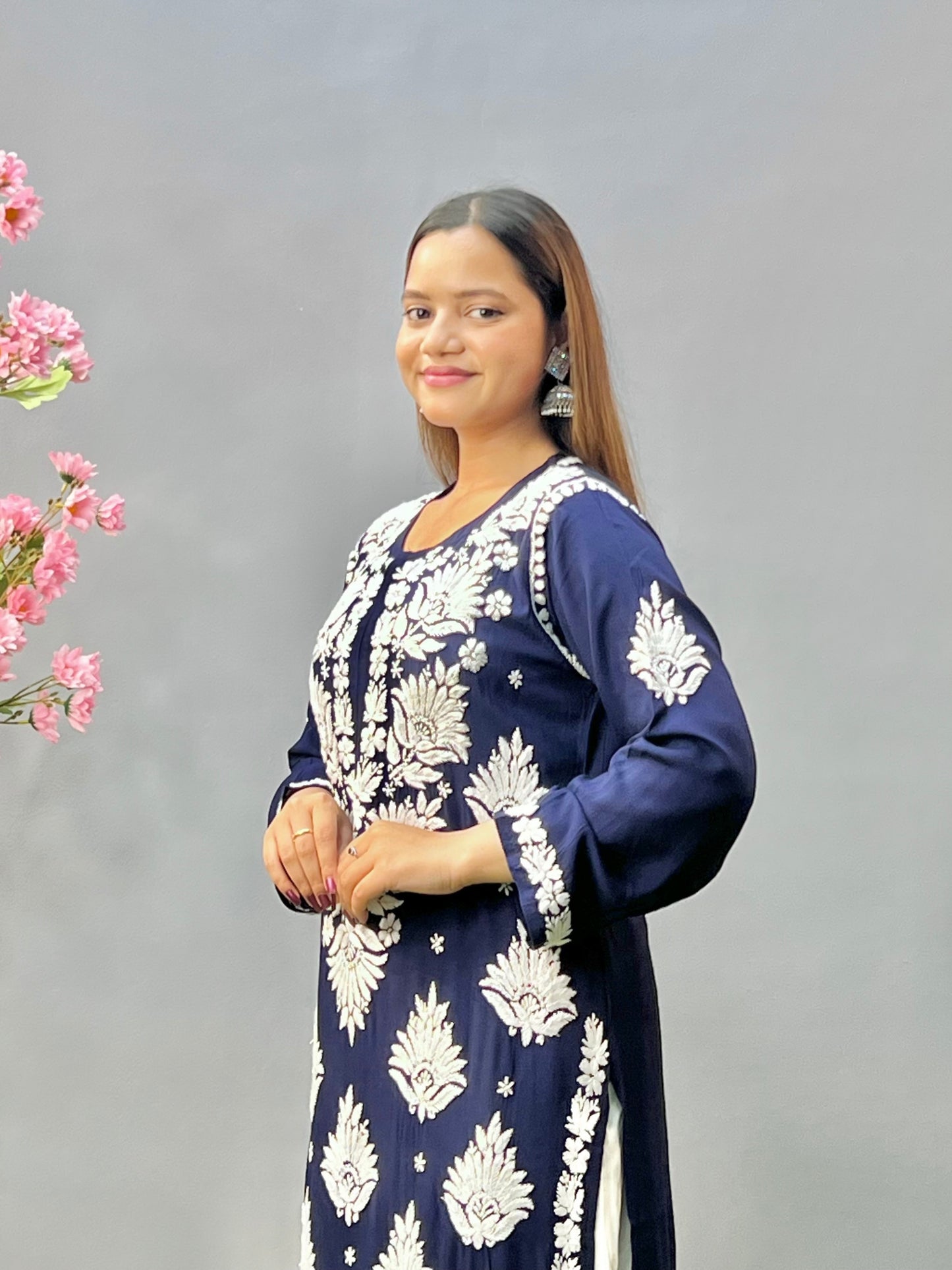 Navy blue modal fabric Lucknowi chikankari kurta with white embroidery