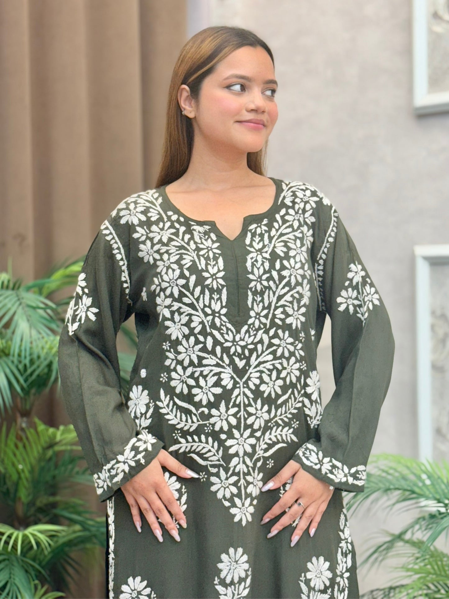 Olive green rayon chikankari kurta and palazzo set with white hand embroidery