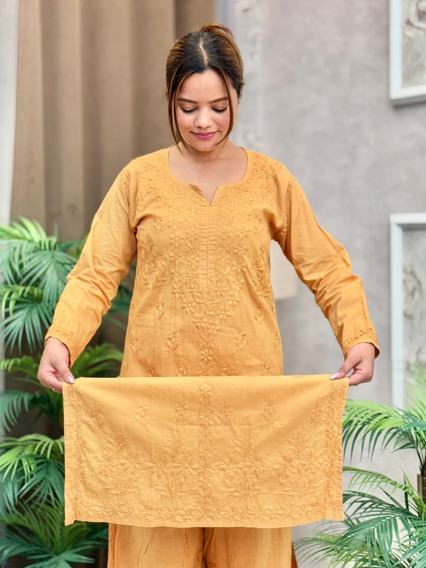 Mustard yellow cotton chikankari kurta palazzo dupatta set with tone-on-tone hand embroidery