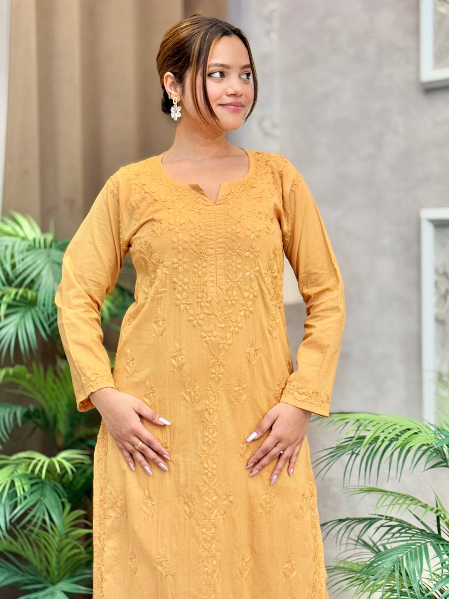 Mustard yellow cotton chikankari kurta palazzo dupatta set with tone-on-tone hand embroidery