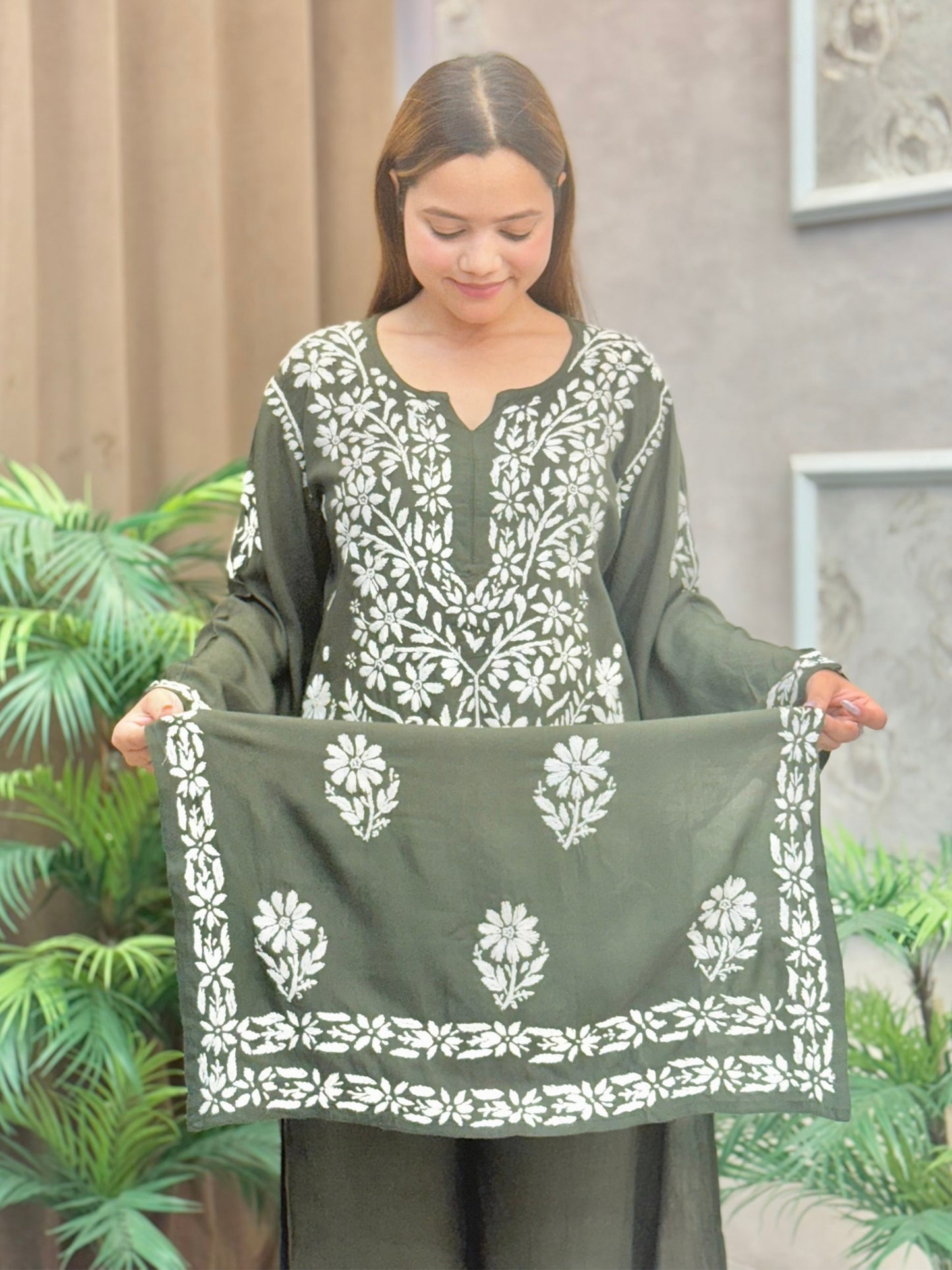 Olive green rayon chikankari kurta and palazzo set with white hand embroidery