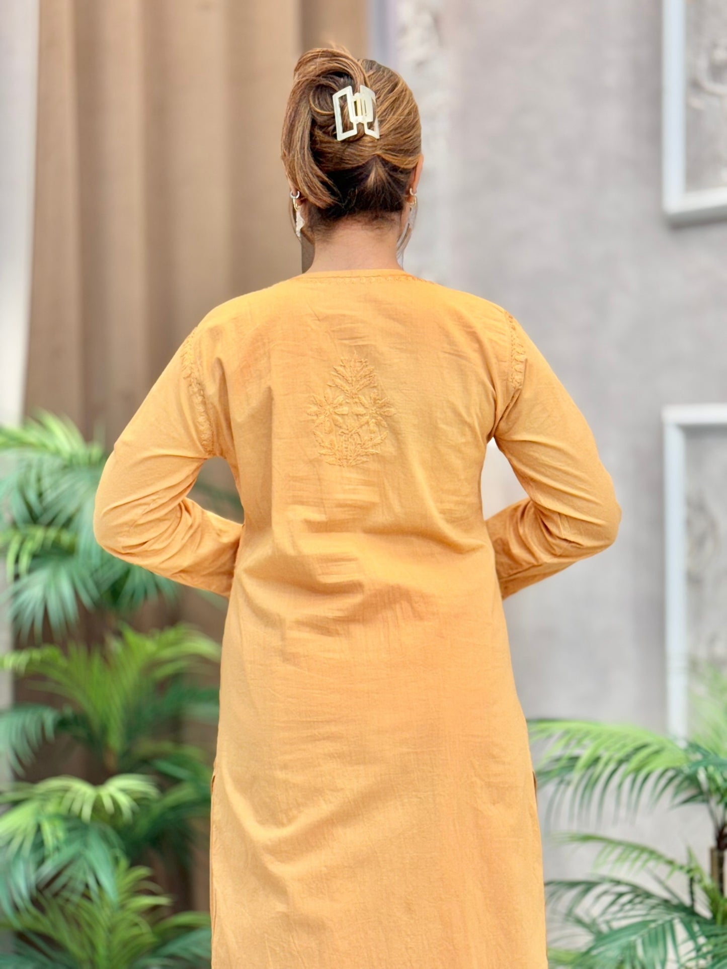 Mustard yellow cotton chikankari kurta palazzo dupatta set with tone-on-tone hand embroidery