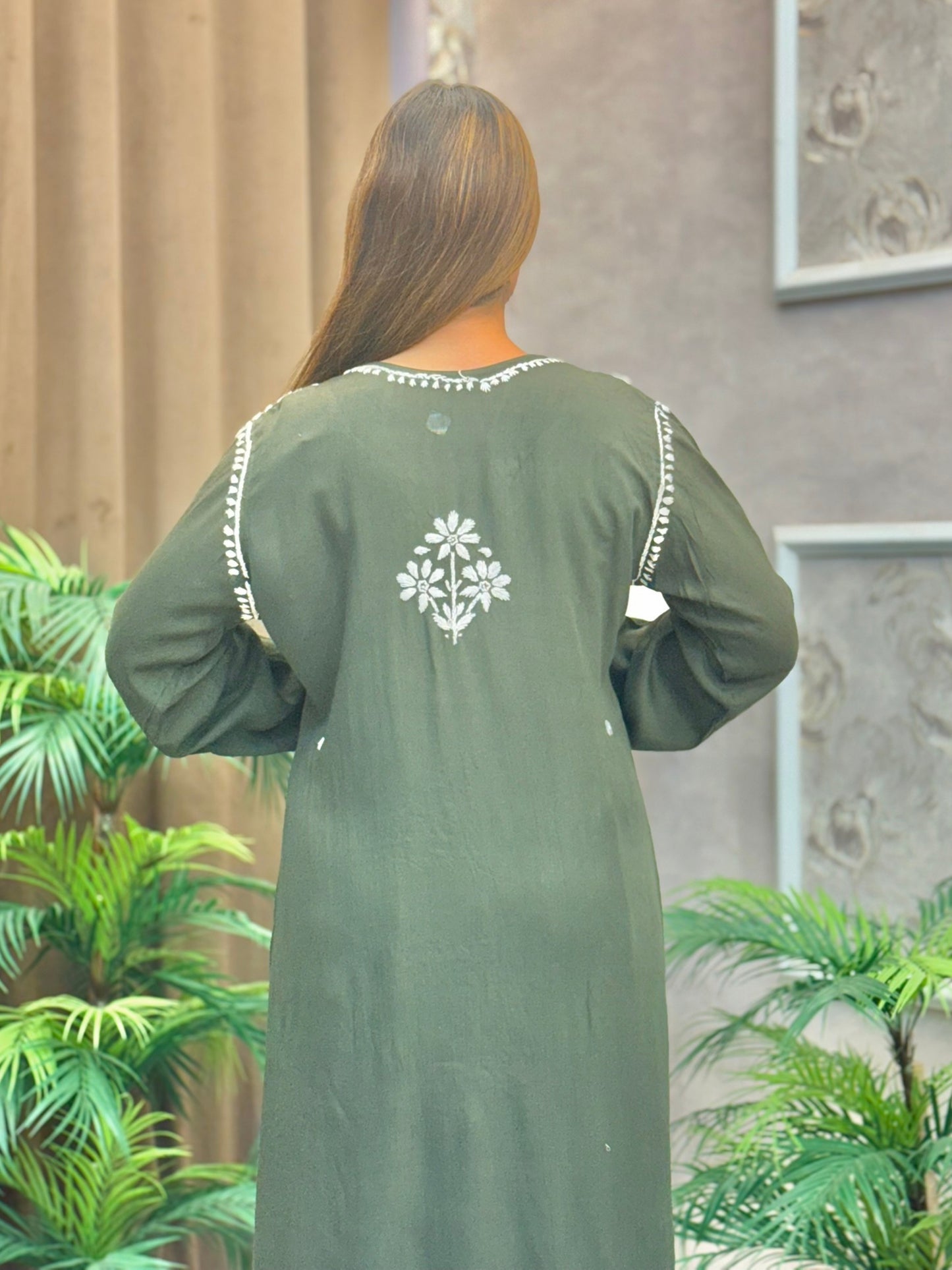 Olive green rayon chikankari kurta and palazzo set with white hand embroidery