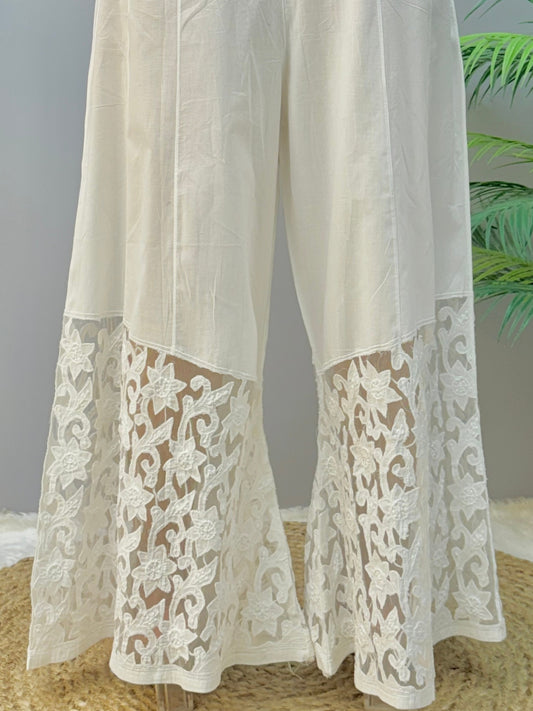Lucknow Chikankari dyable cotton palazzo pant with hand embroidery β non-stretchable, size 34, length 38