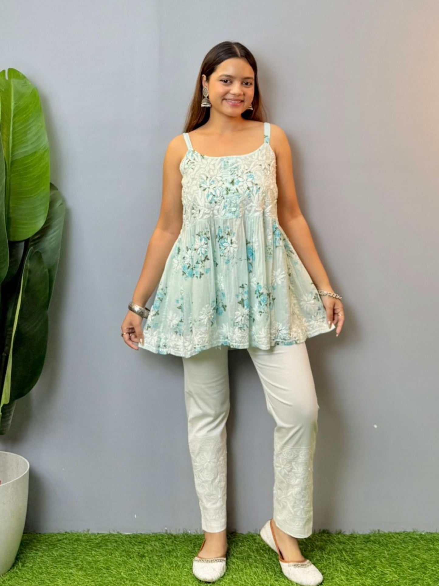 Printed mint green sleeveless short chikankari kurta in mulmul fabric with hand embroidery
