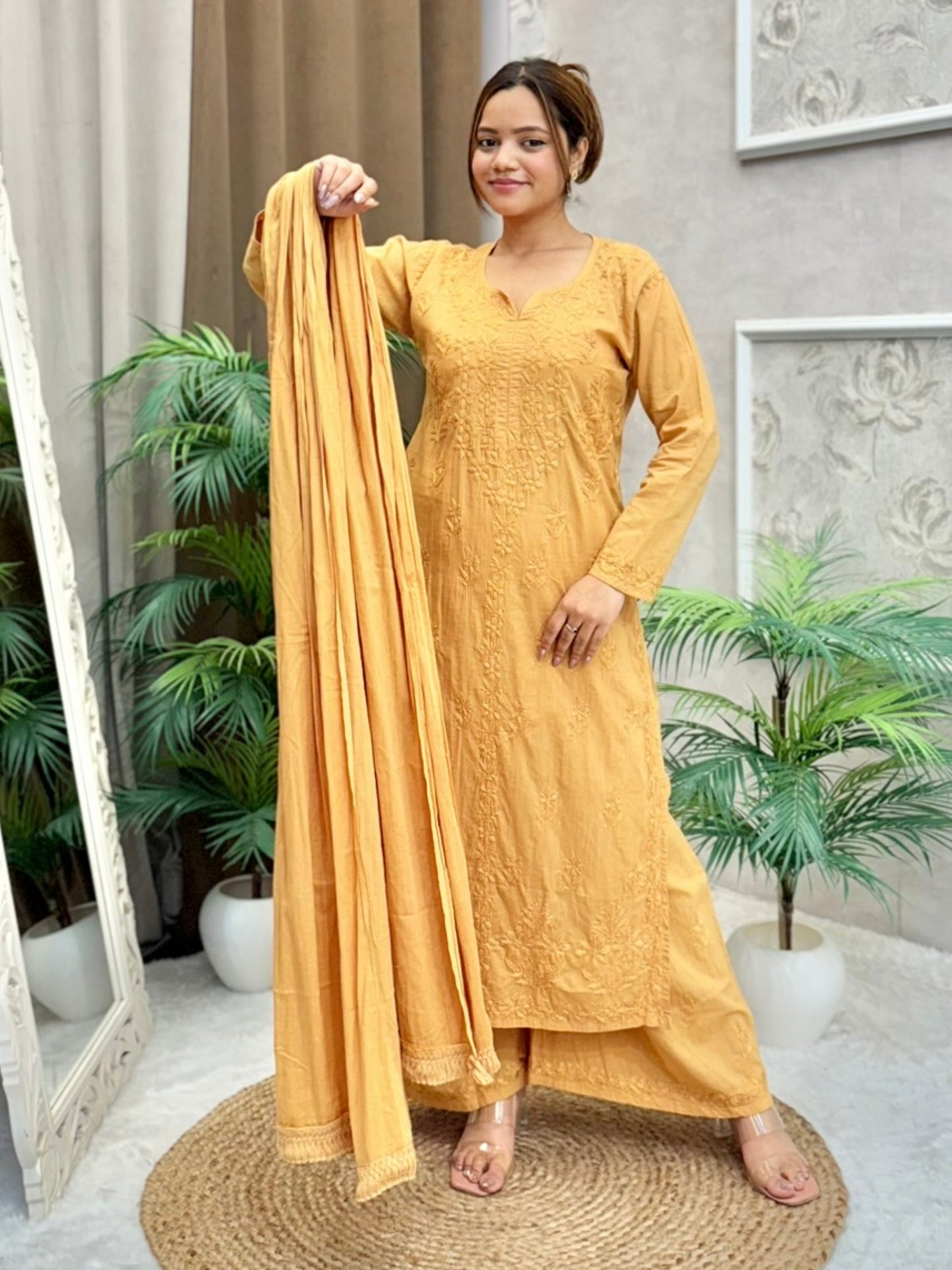 Mustard yellow cotton chikankari kurta palazzo dupatta set with tone-on-tone hand embroidery