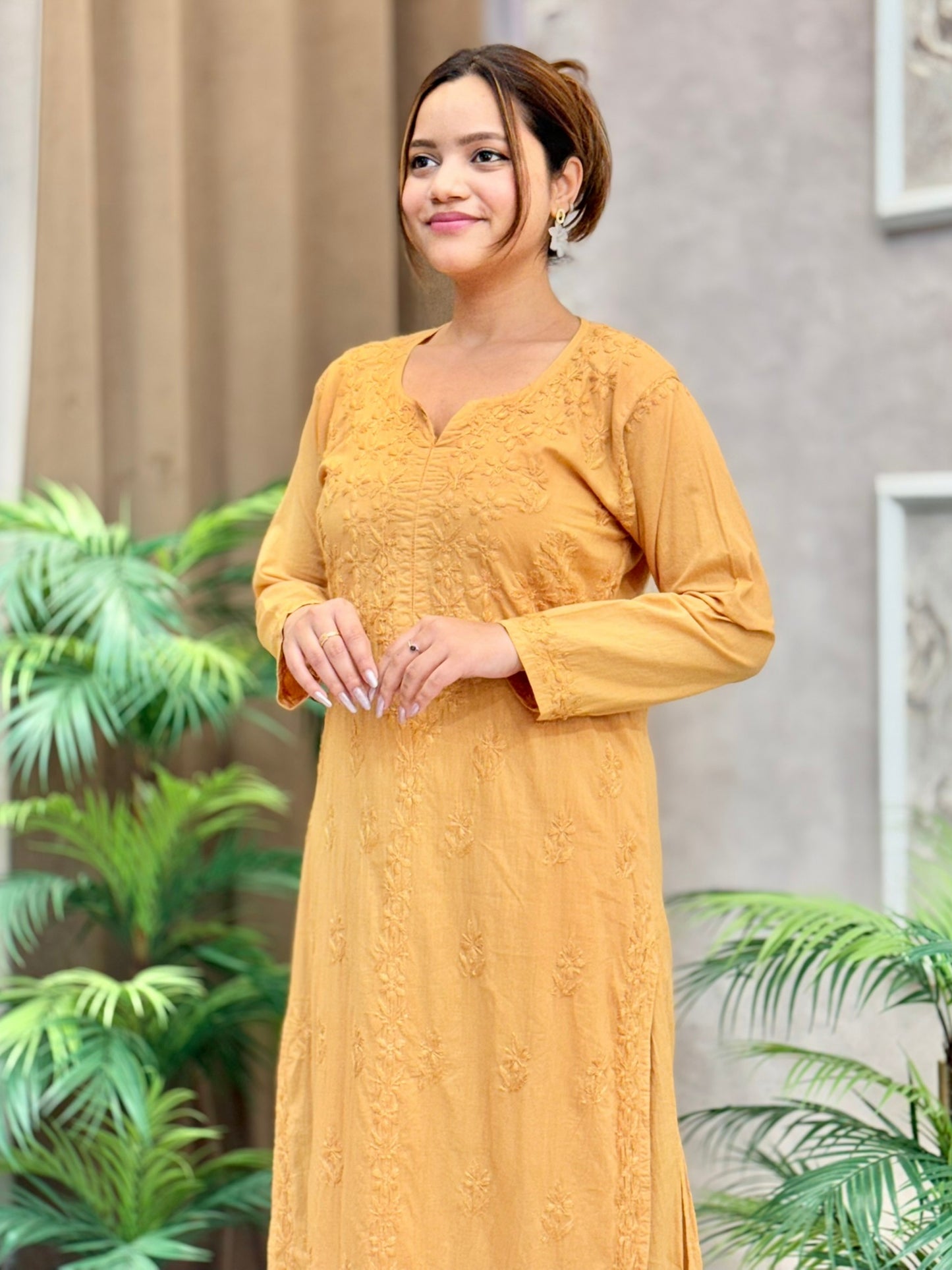 Mustard yellow cotton chikankari kurta palazzo dupatta set with tone-on-tone hand embroidery