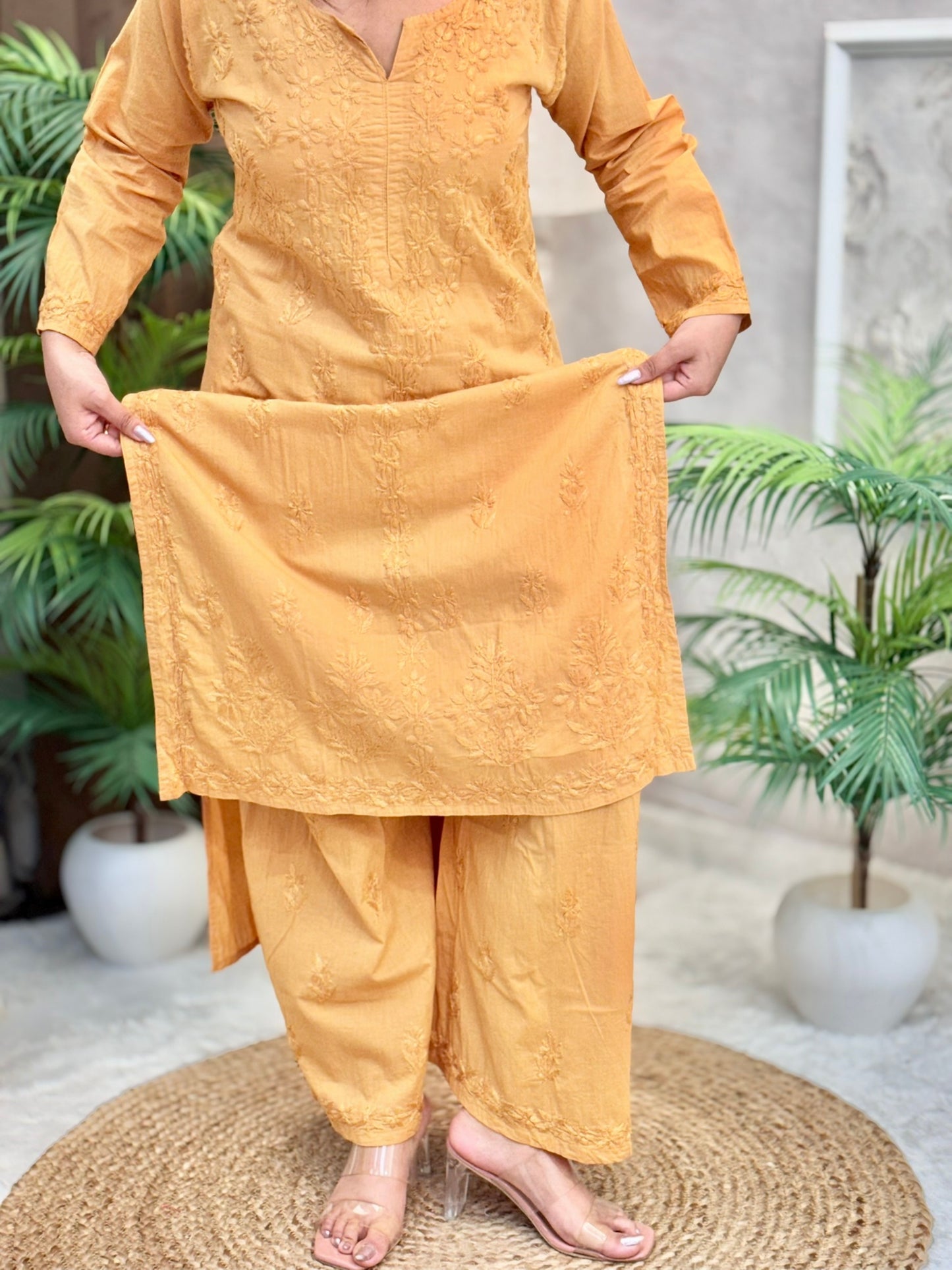 Mustard yellow cotton chikankari kurta palazzo dupatta set with tone-on-tone hand embroidery