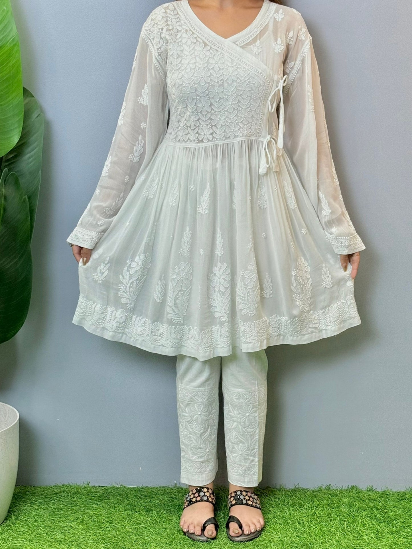 White angrakha-style short chikankari kurta in viscose fabric with hand embroidery