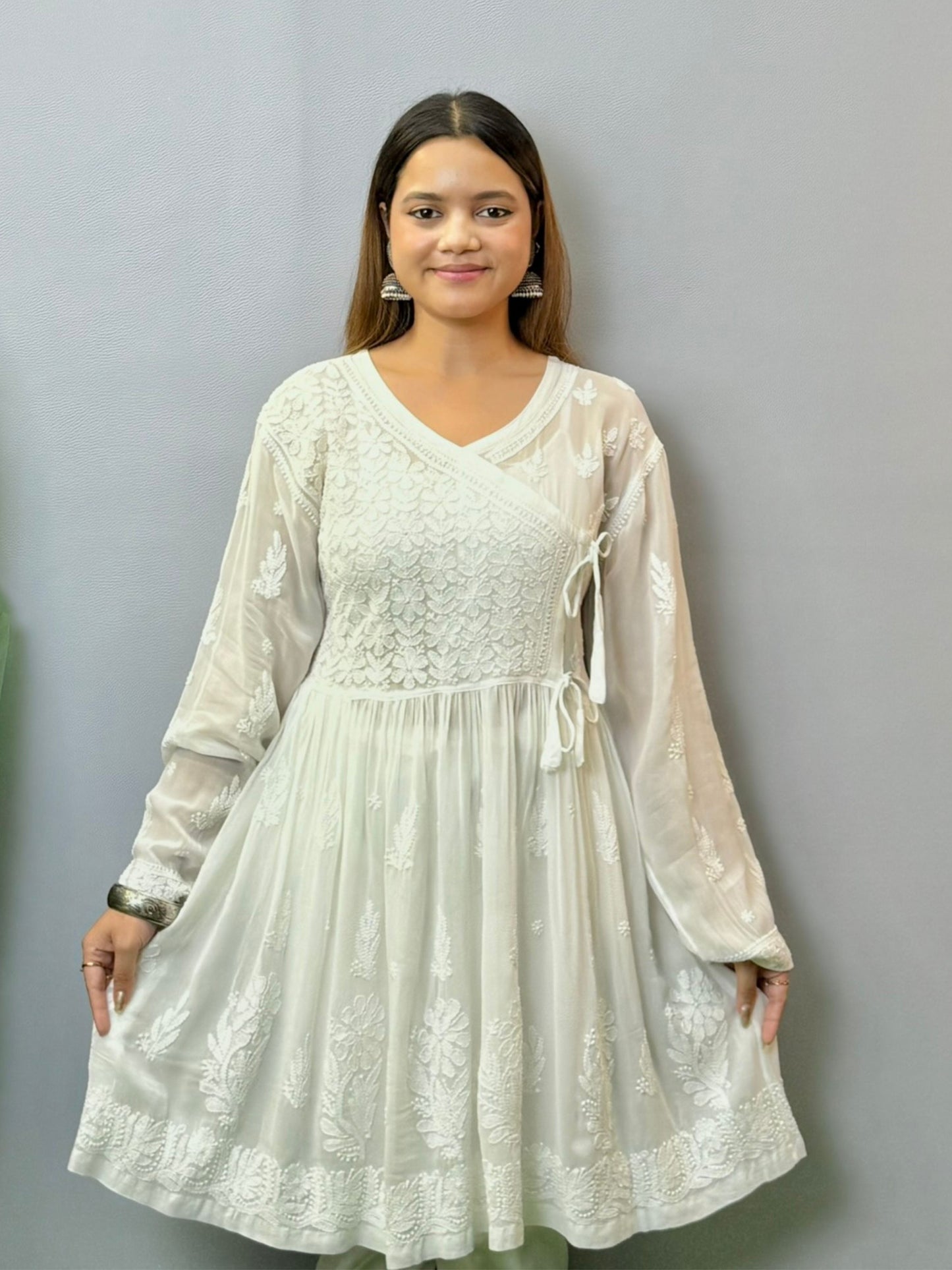 White angrakha-style short chikankari kurta in viscose fabric with hand embroidery