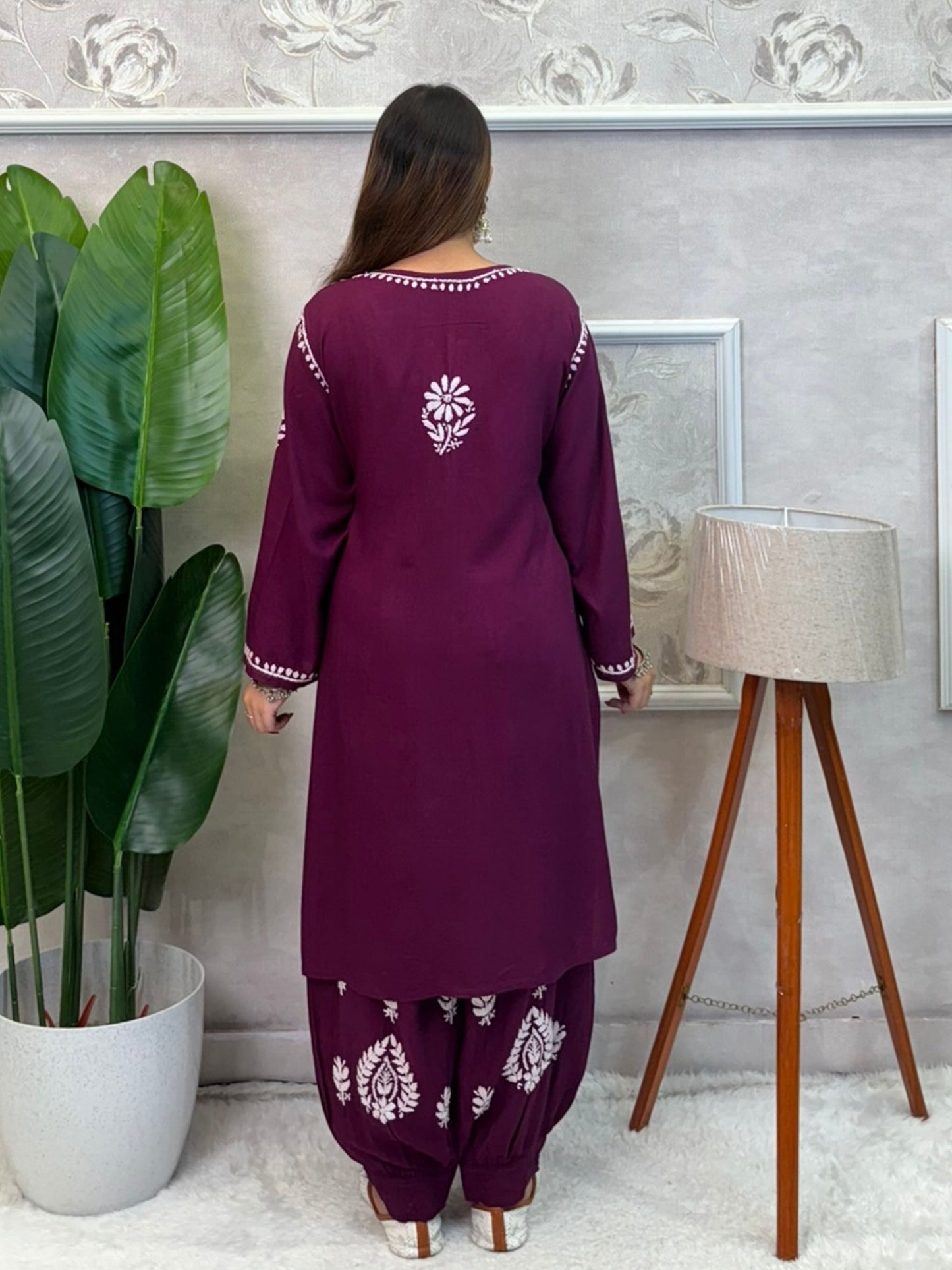 Wine rayon chikankari kurta and Afghani pant set with white hand embroidery – soft and comfortable