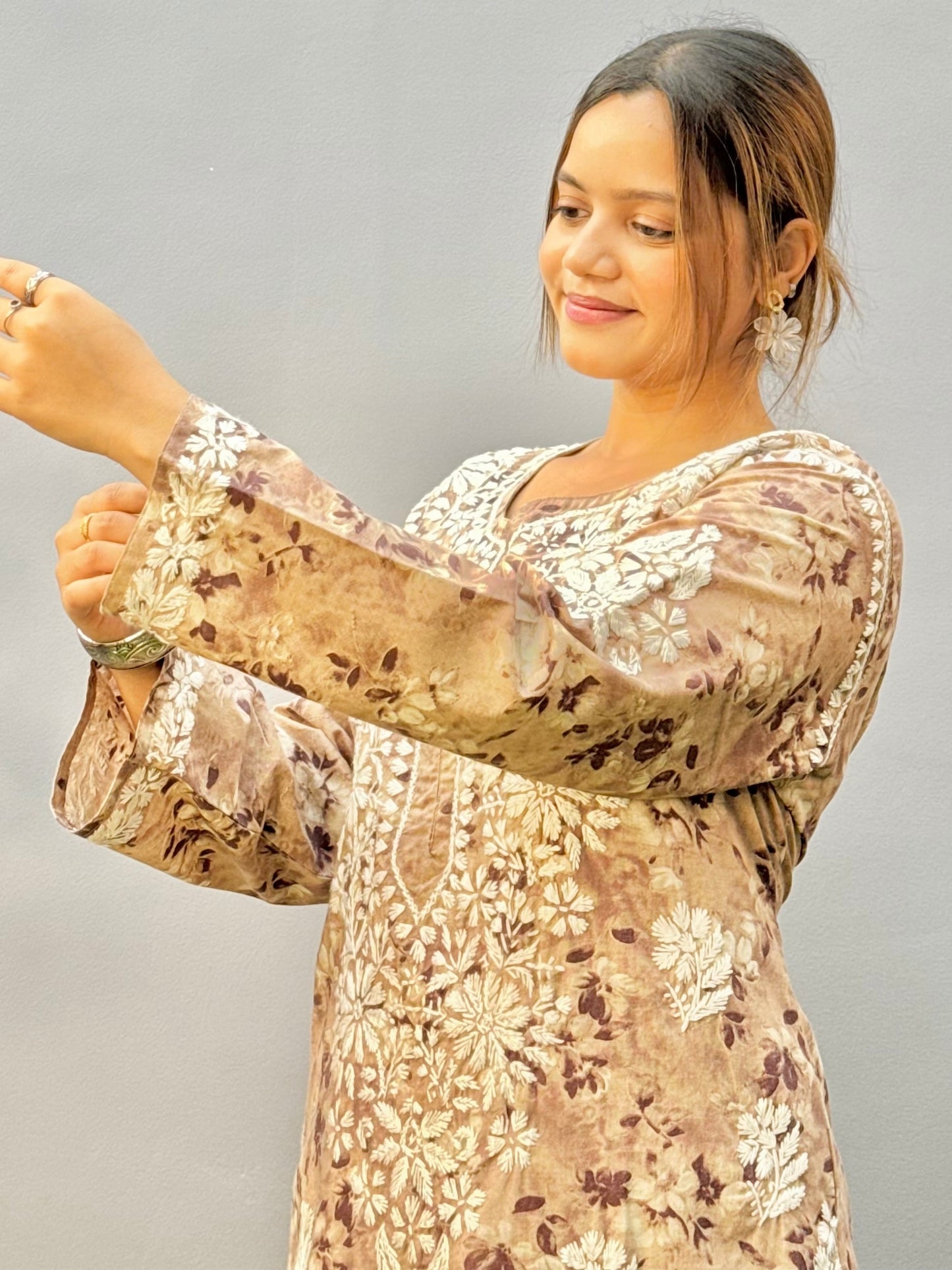 Lucknow Chikankari printed brown mulmul kurta and palazzo set with hand embroidery.