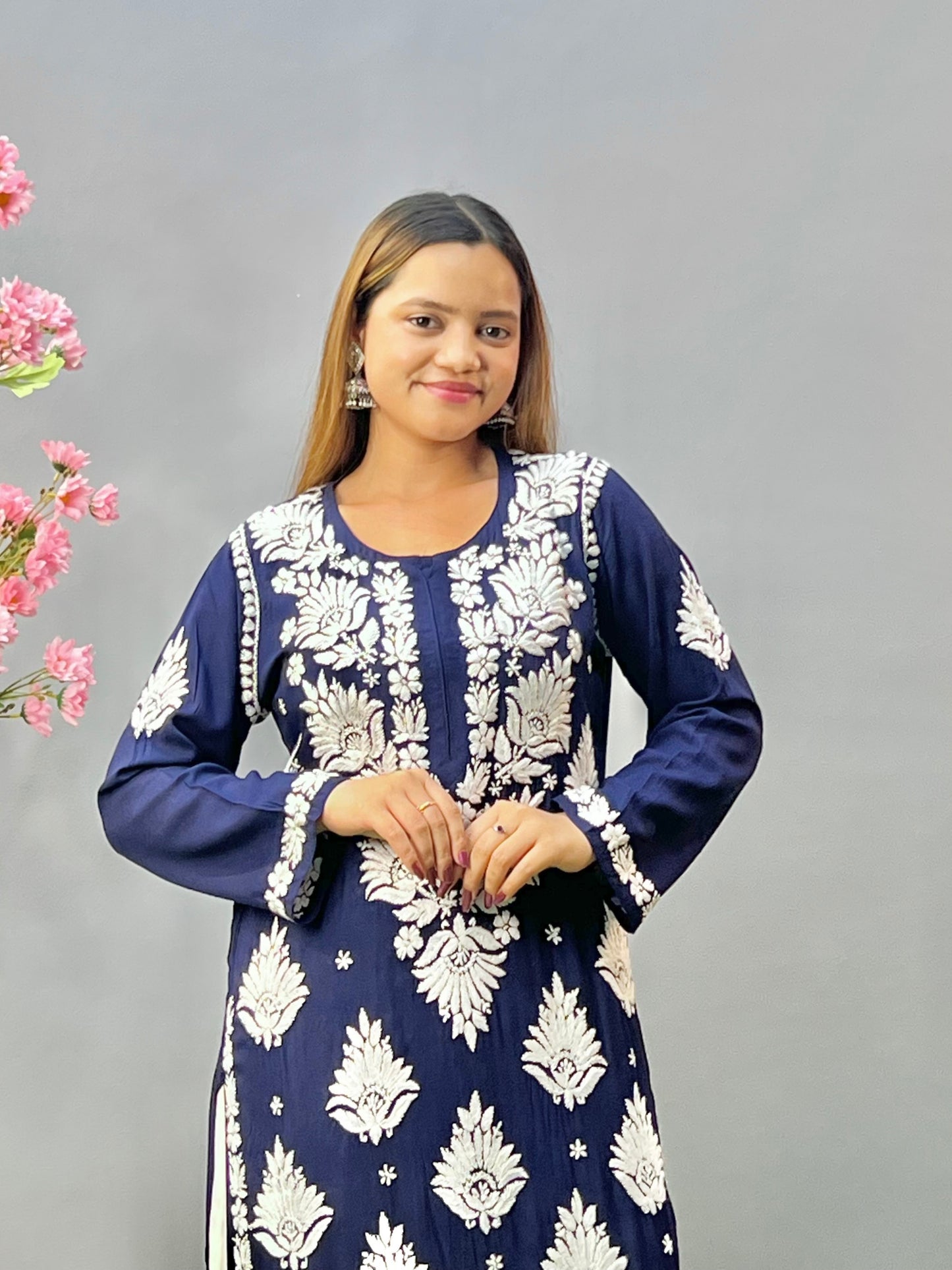 Navy blue modal fabric Lucknowi chikankari kurta with white embroidery