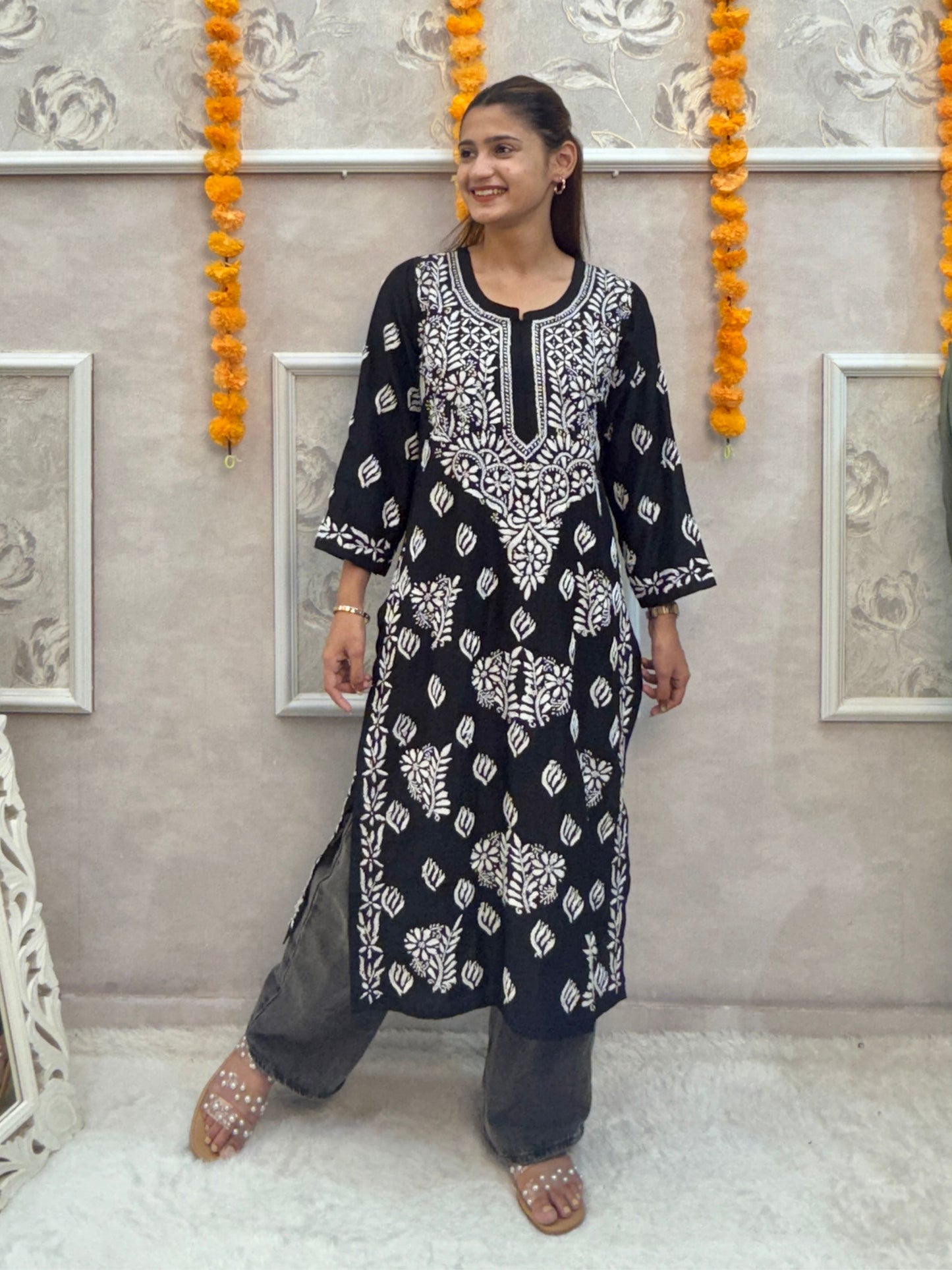 Black muslin chikankari kurta with hand embroidery, premium quality