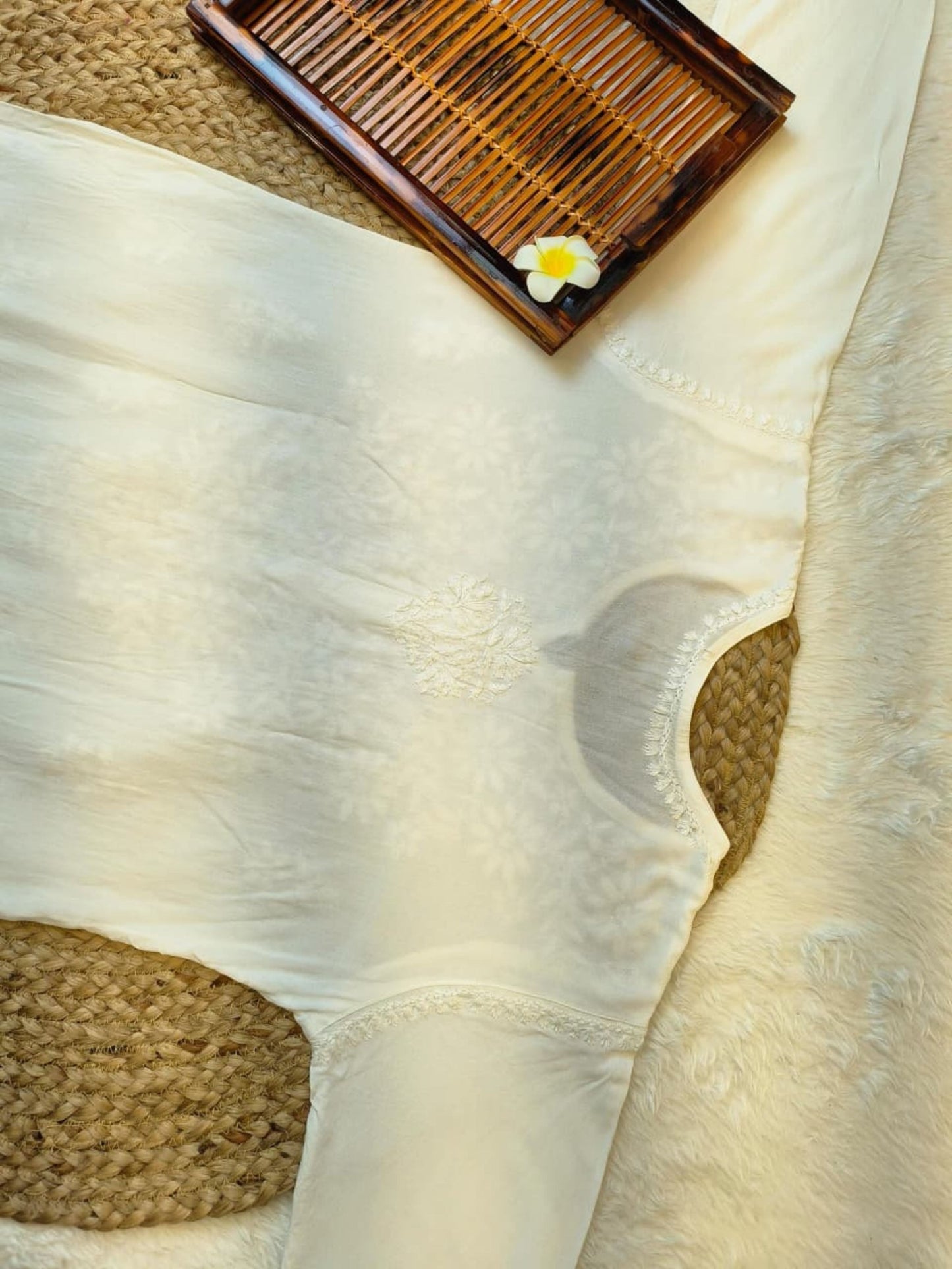 White rayon chikankari kurta with dhoti pant, hand-embroidered and dyable fabric
