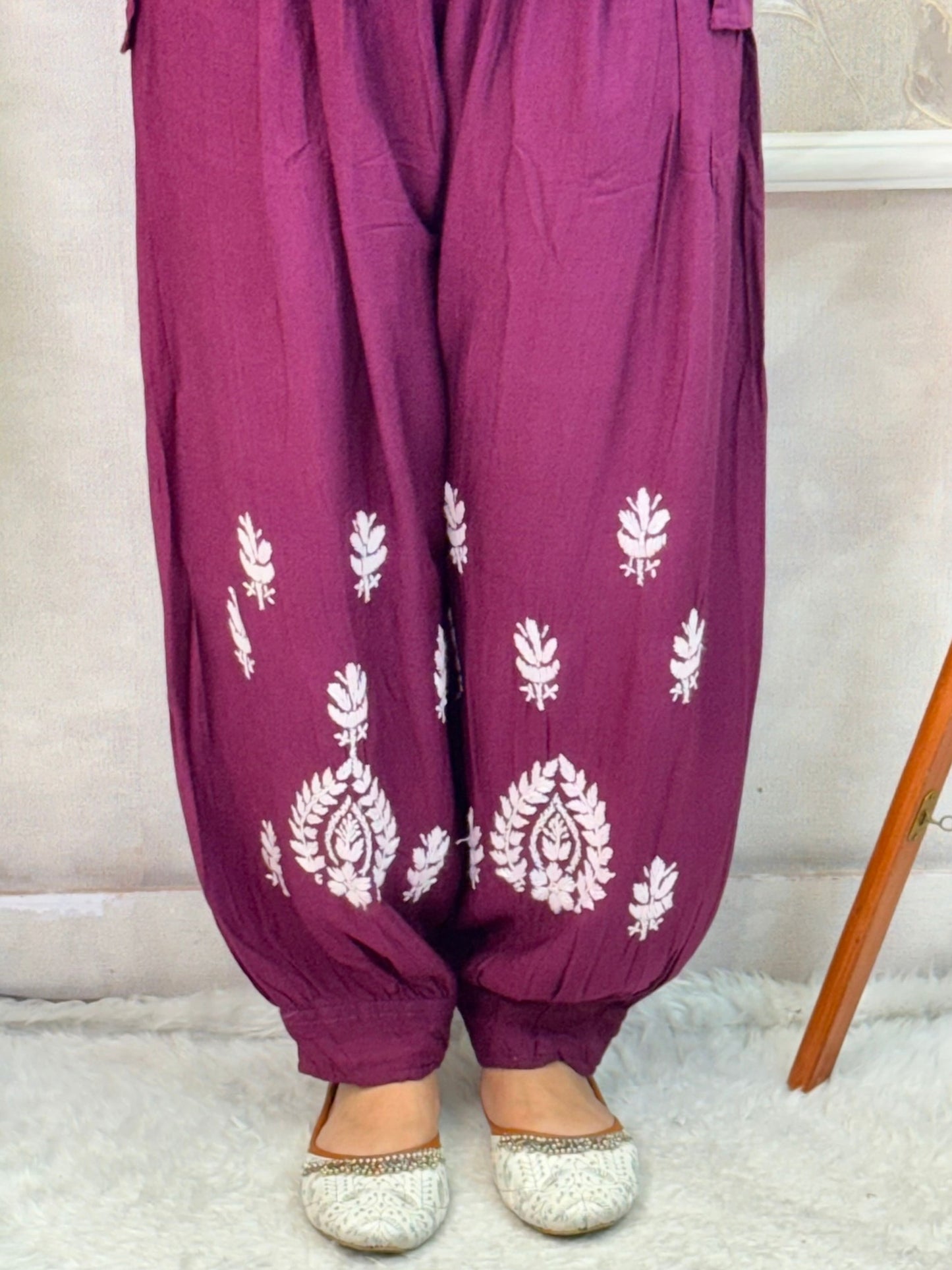 Wine rayon chikankari kurta and Afghani pant set with white hand embroidery – soft and comfortable