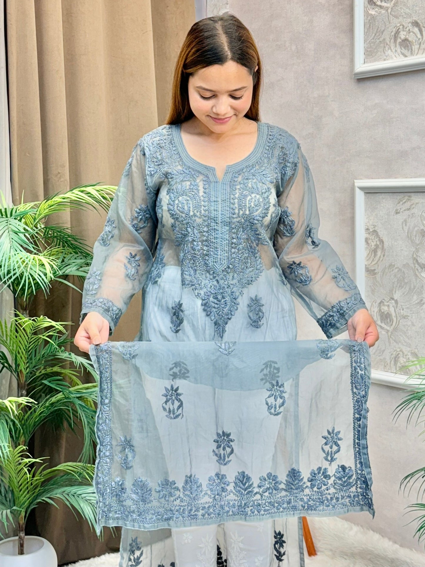Smokey grey organza Lucknow Chikankari kurta featuring intricate tone-on-tone hand embroidery and side slits