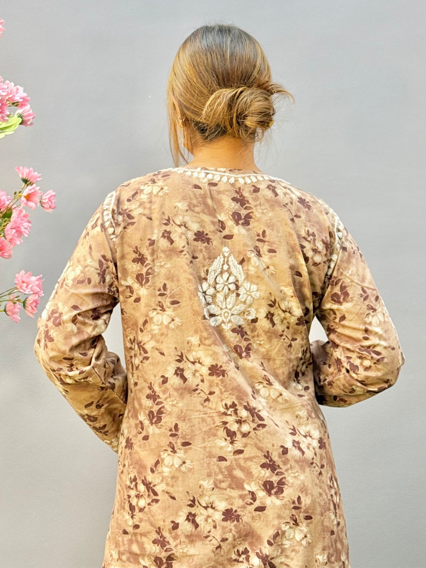 Lucknow Chikankari printed brown mulmul kurta and palazzo set with hand embroidery.