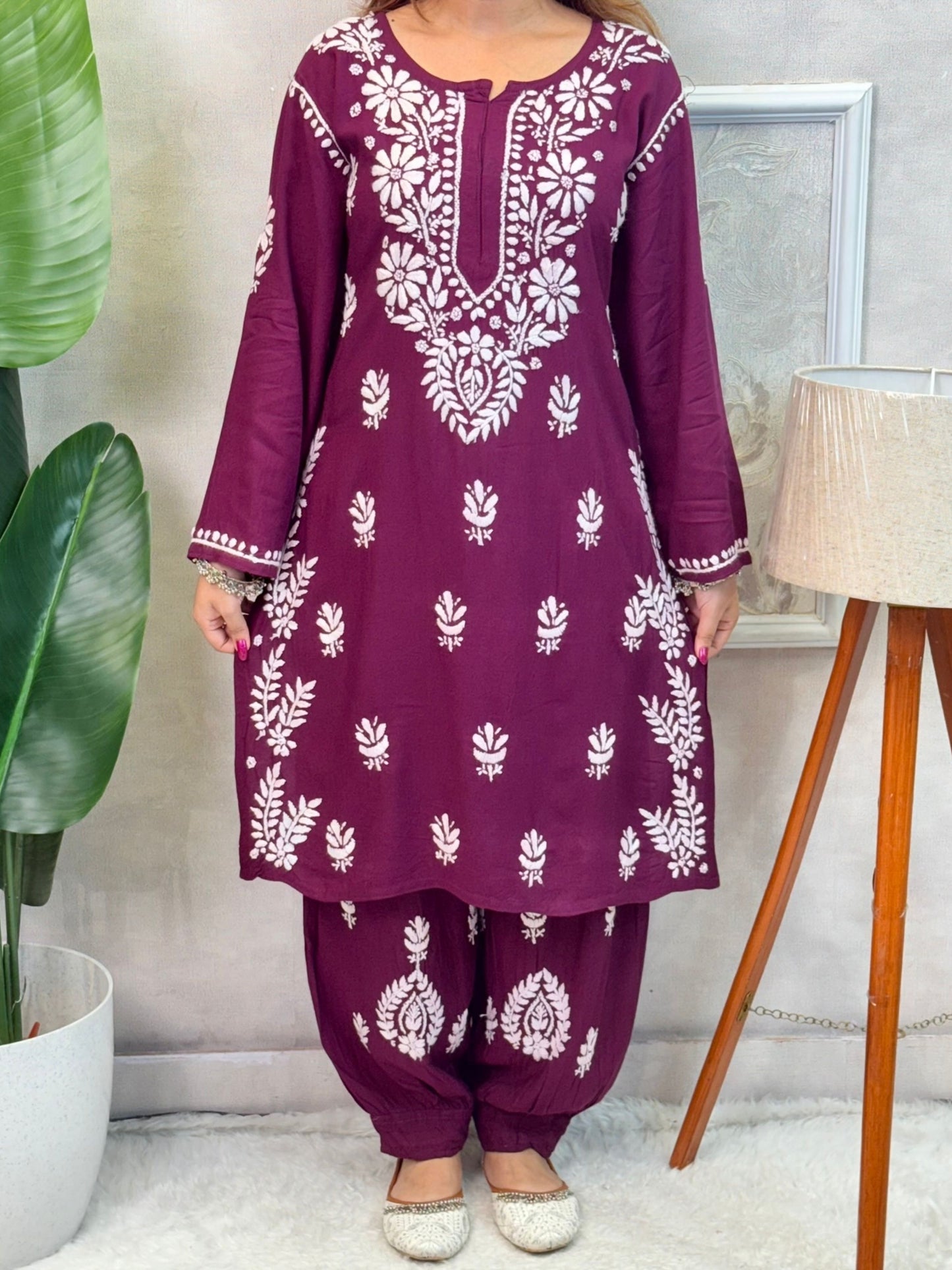 Wine rayon chikankari kurta and Afghani pant set with white hand embroidery – soft and comfortable