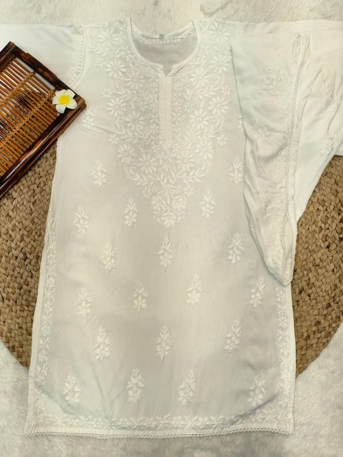 White rayon chikankari kurta with dhoti pant, hand-embroidered and dyable fabric