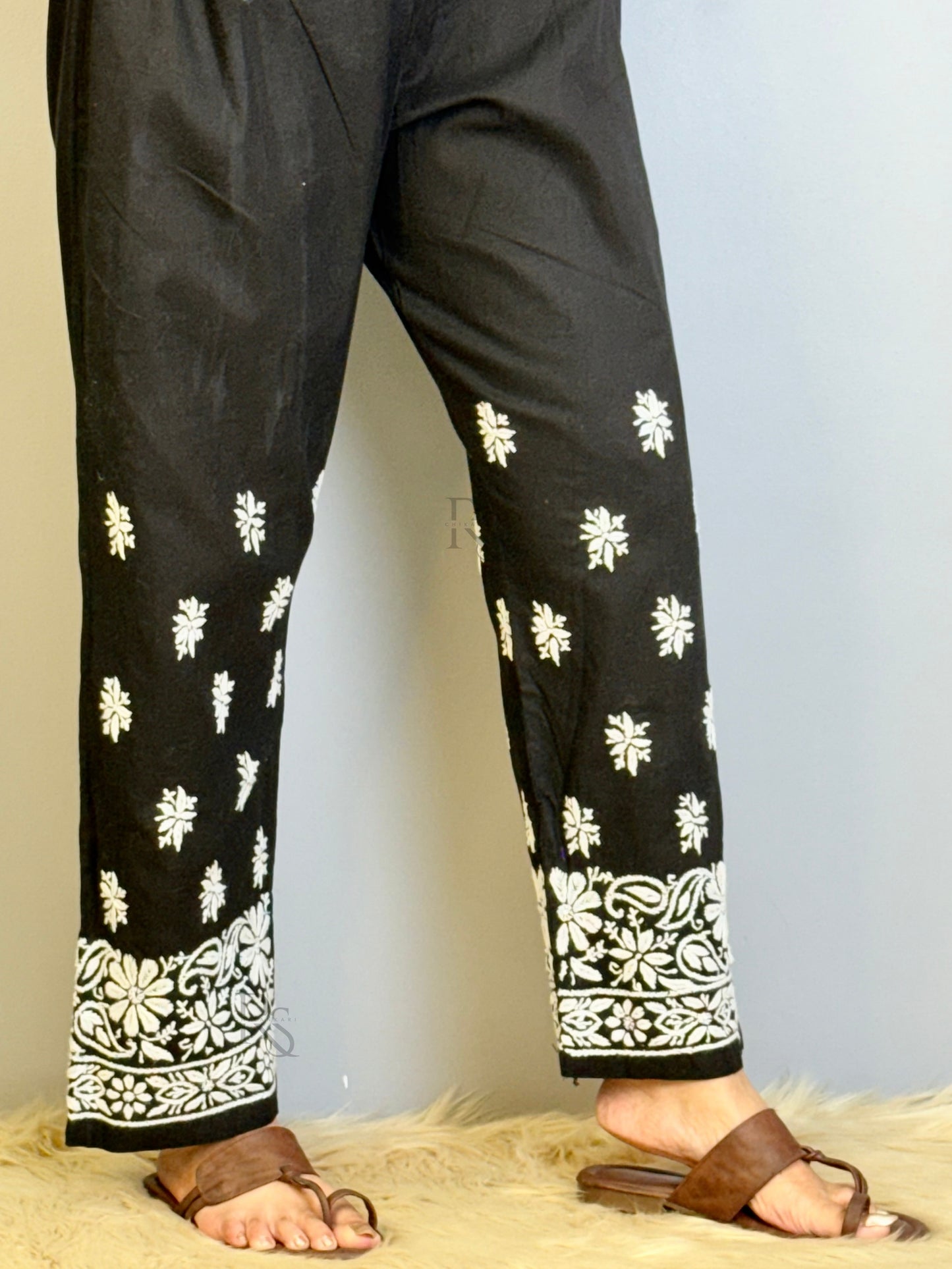 Black Cotton Chikankari Pant with White Thread Embroidery – Non-Stretchable