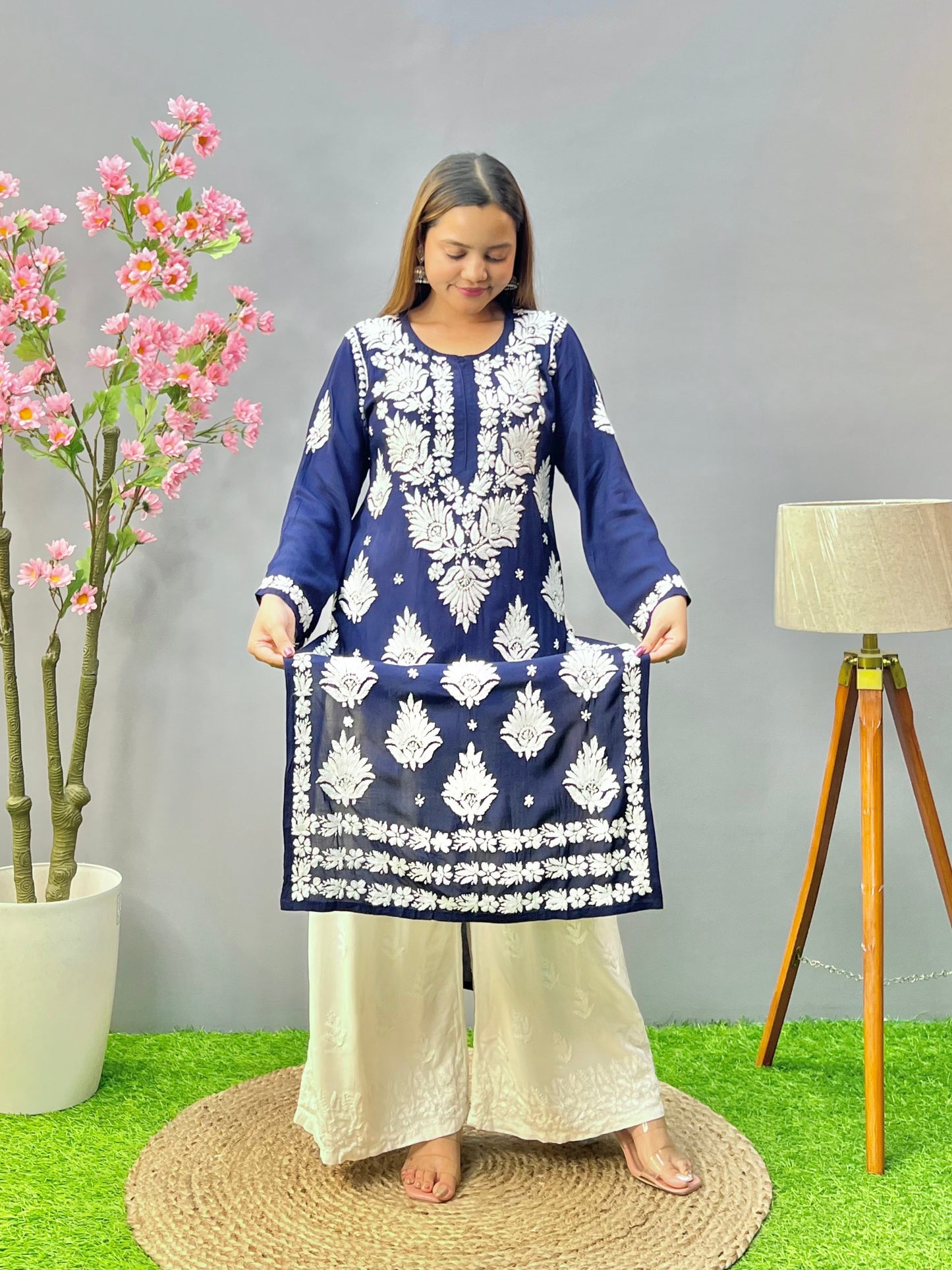Navy blue modal fabric Lucknowi chikankari kurta with white embroidery