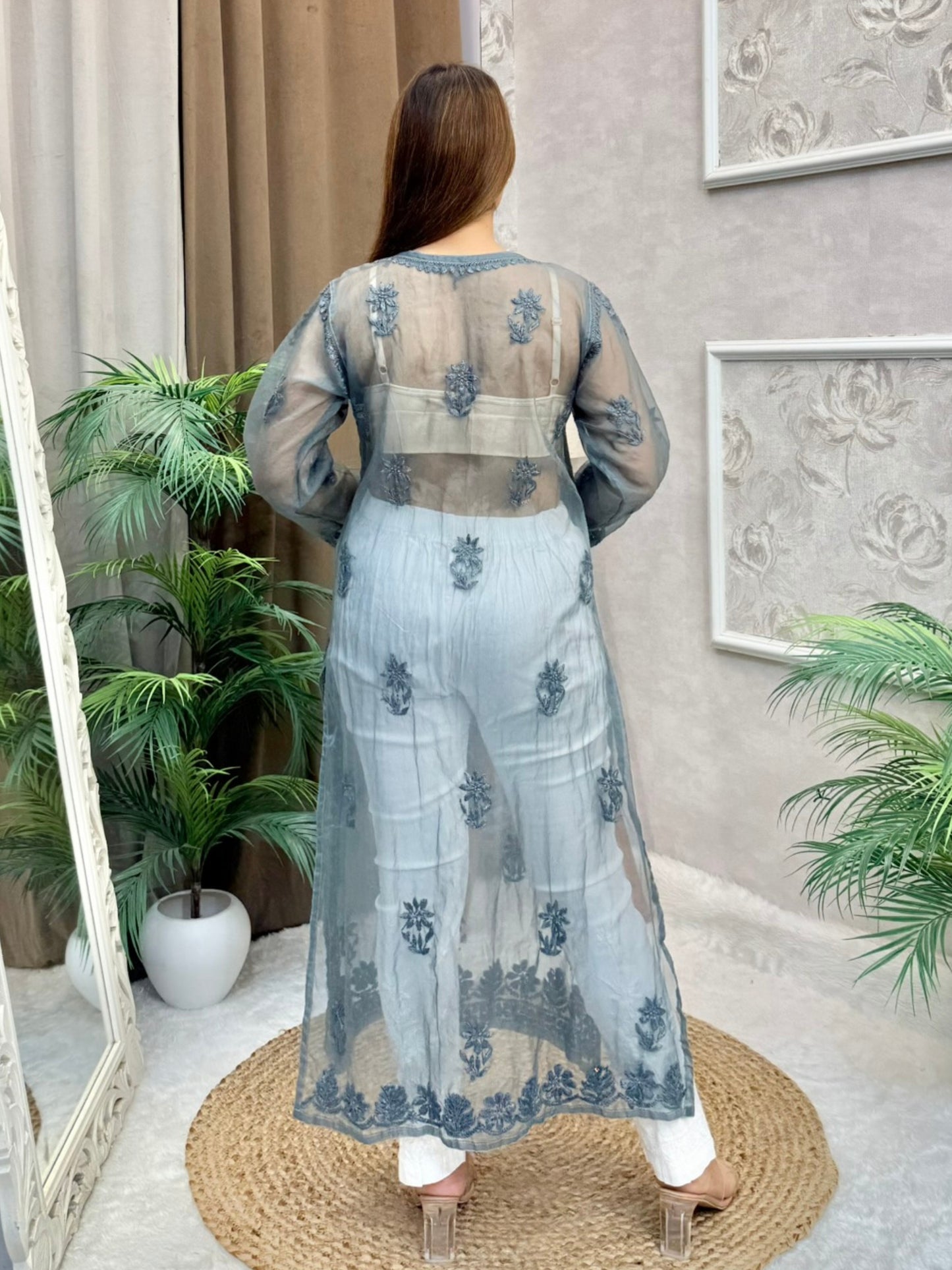 Smokey grey organza Lucknow Chikankari kurta featuring intricate tone-on-tone hand embroidery and side slits