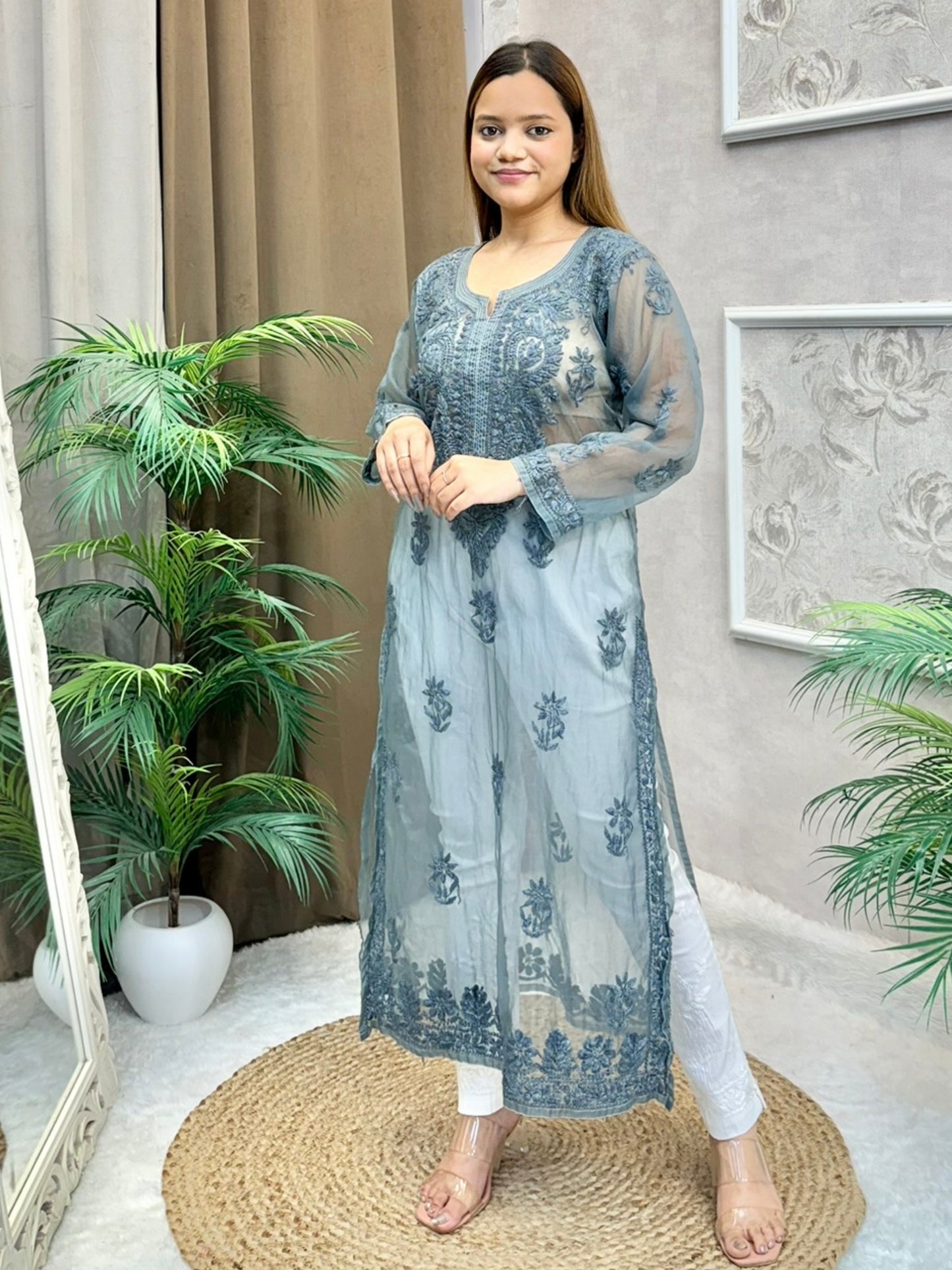 Smokey grey organza Lucknow Chikankari kurta featuring intricate tone-on-tone hand embroidery and side slits
