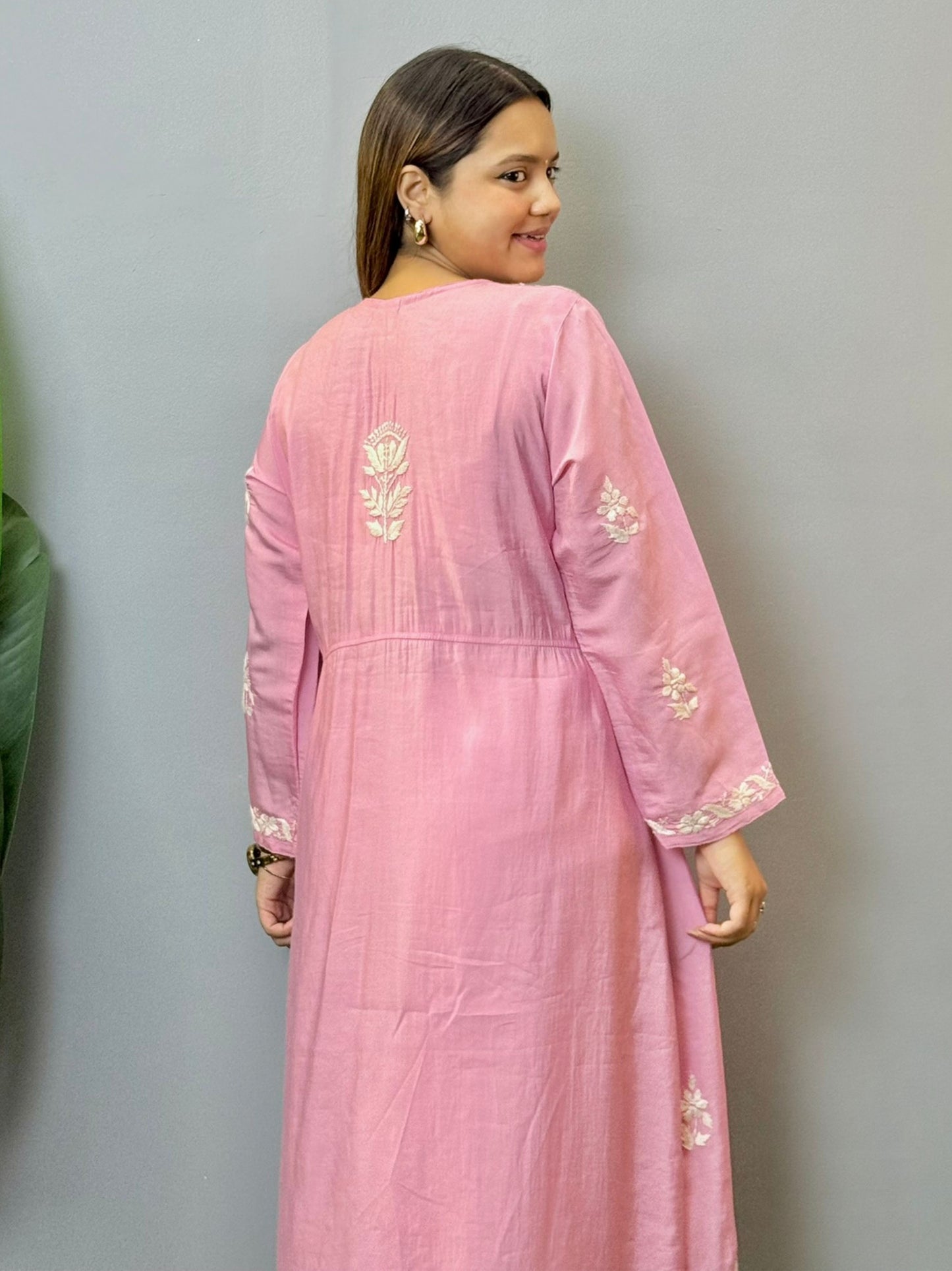 Pink chikankari angrakha kurta in chanderi fabric with elegant hand embroidery