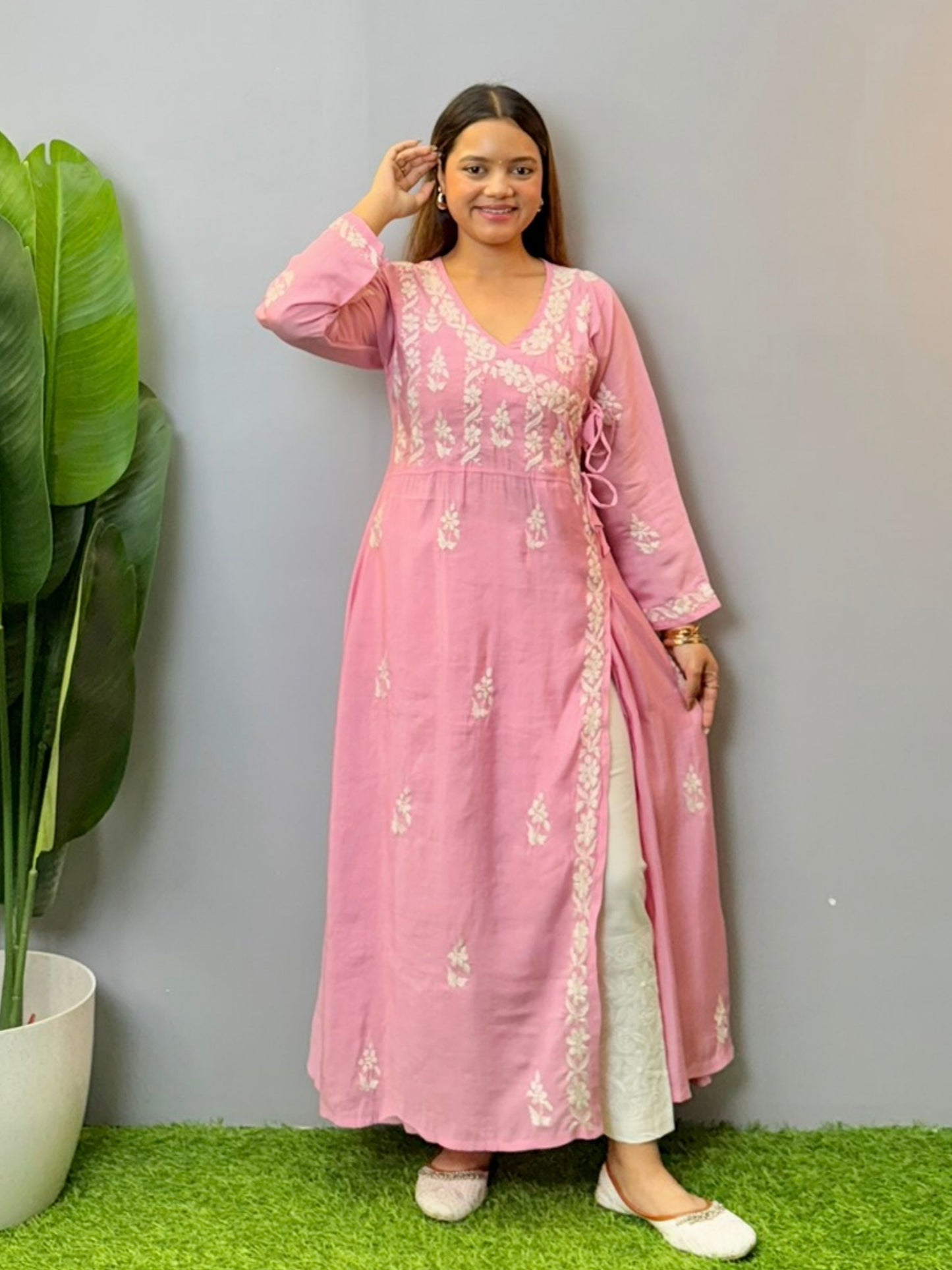 Pink chikankari angrakha kurta in chanderi fabric with elegant hand embroidery