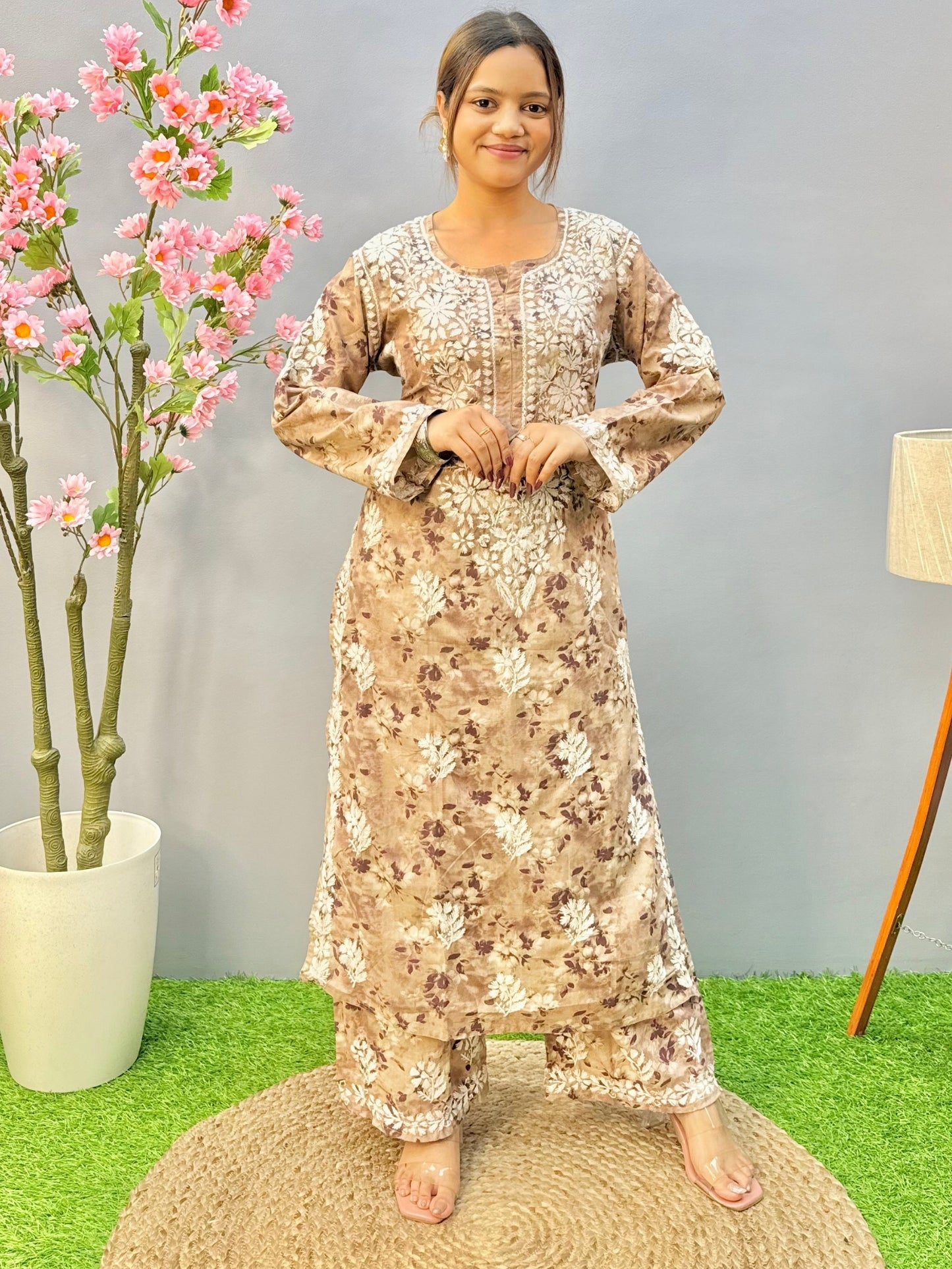 Lucknow Chikankari printed brown mulmul kurta and palazzo set with hand embroidery.