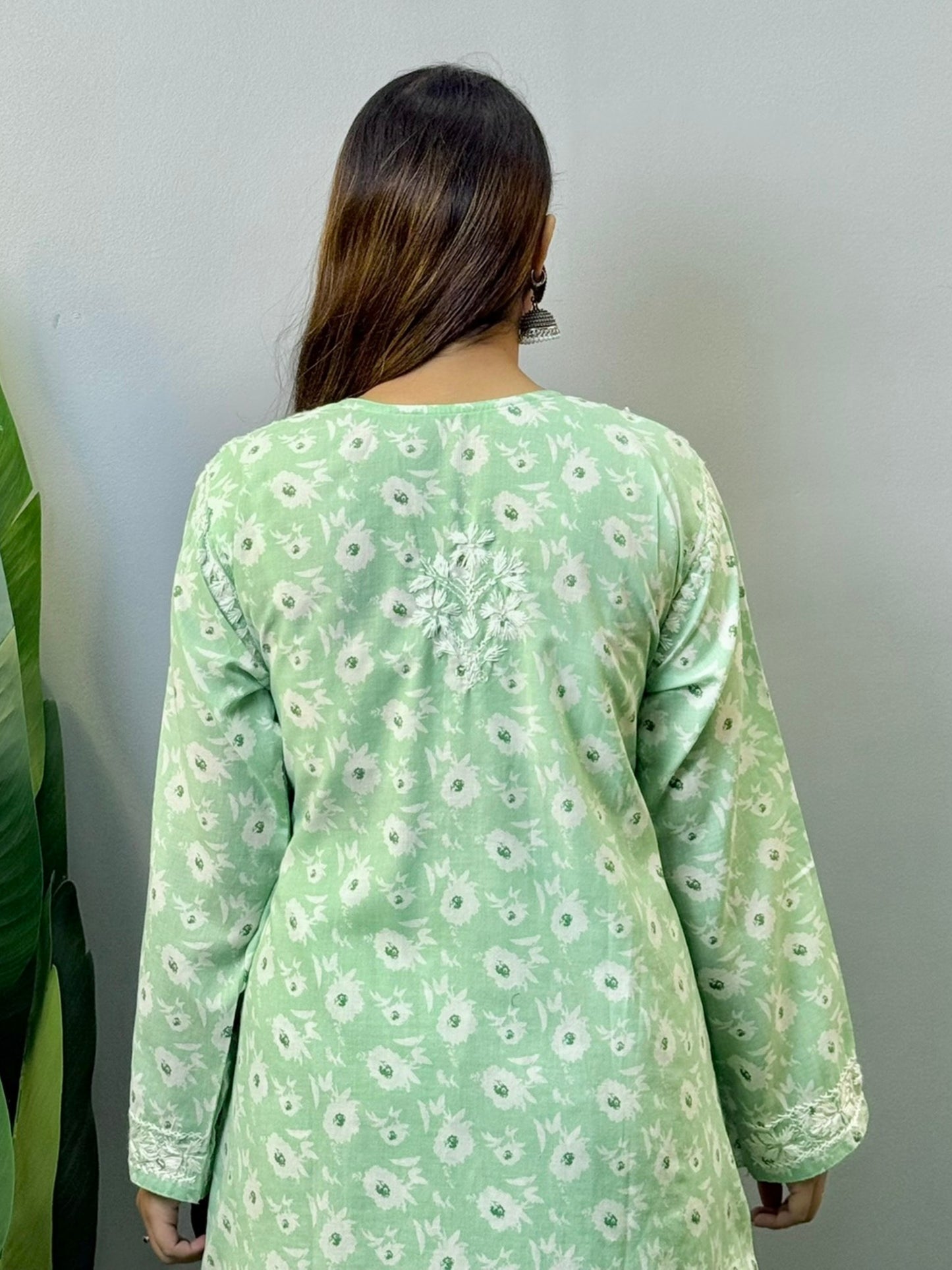Pastel green cotton printed kurta and palazzo set with white Lucknowi Chikankari embroidery – soft and breathable ethnic wear