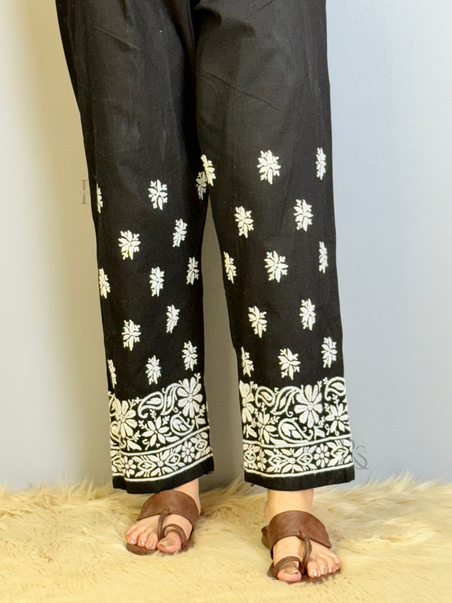 Black Cotton Chikankari Pant with White Thread Embroidery – Non-Stretchable