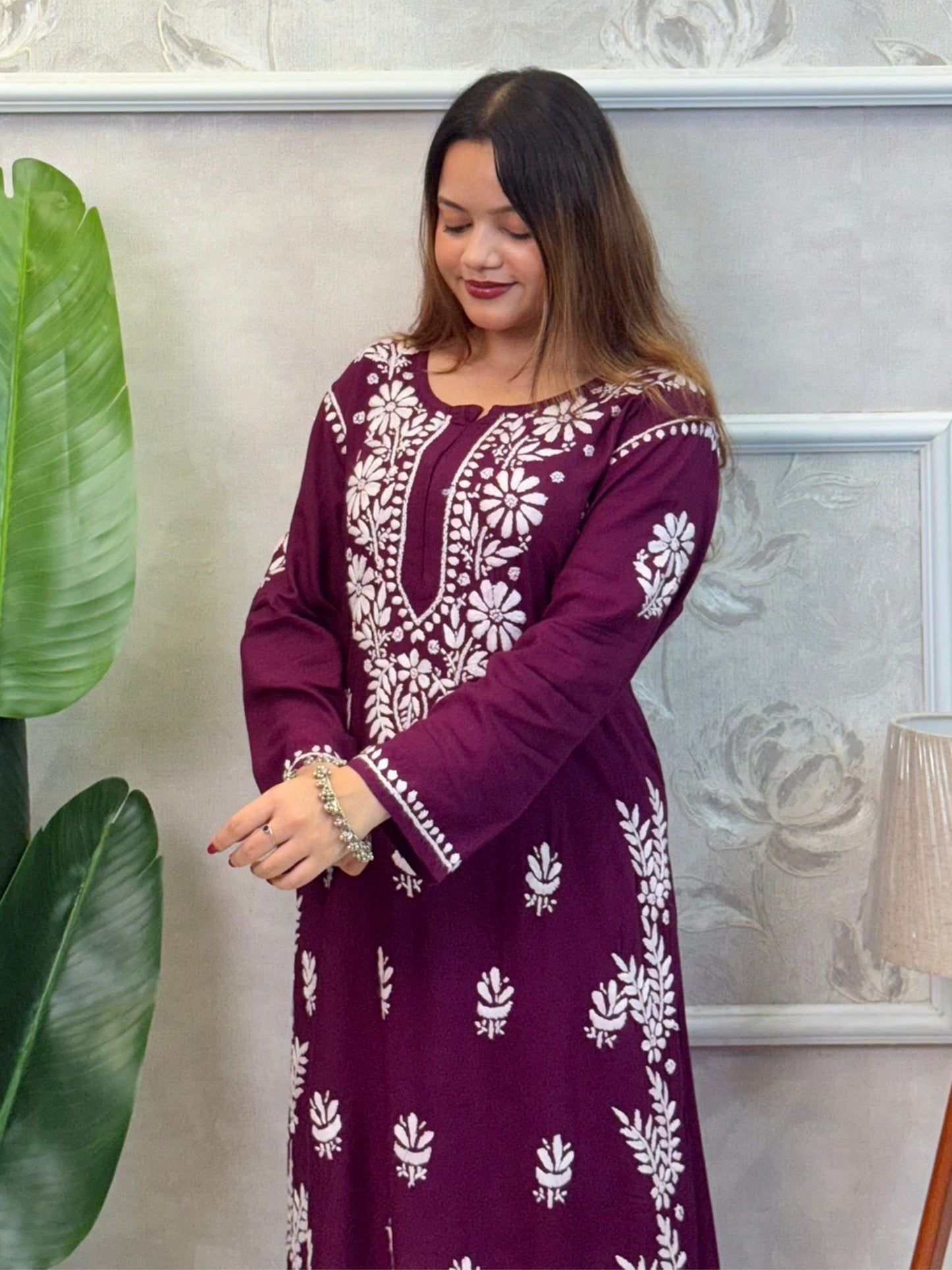 Wine rayon chikankari kurta and Afghani pant set with white hand embroidery – soft and comfortable