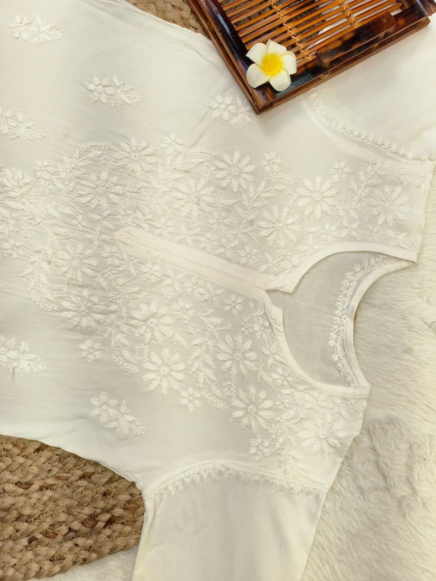 White rayon chikankari kurta with dhoti pant, hand-embroidered and dyable fabric