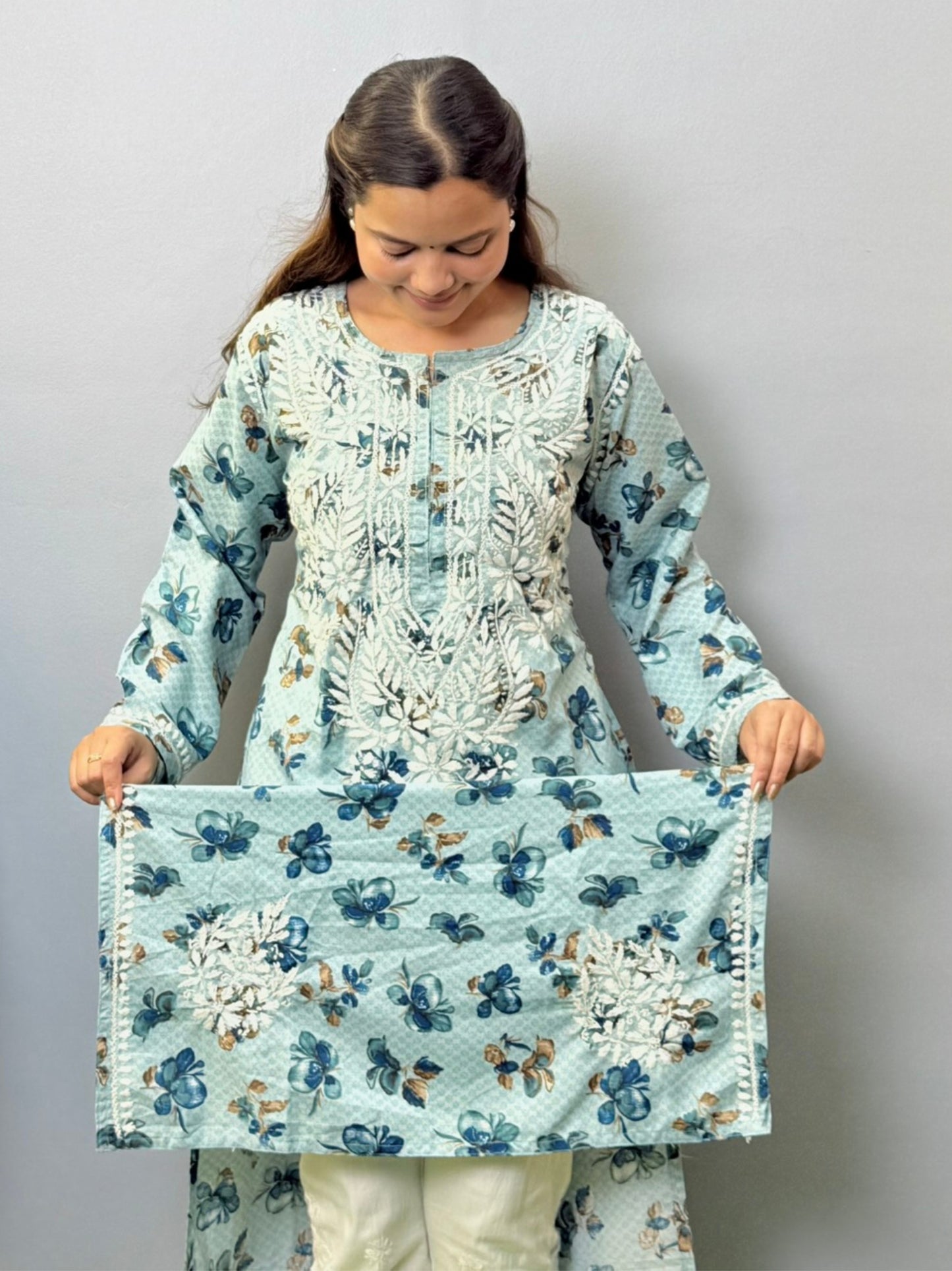 Printed blue rayon chikankari kurta with hand embroidery and floral motifs