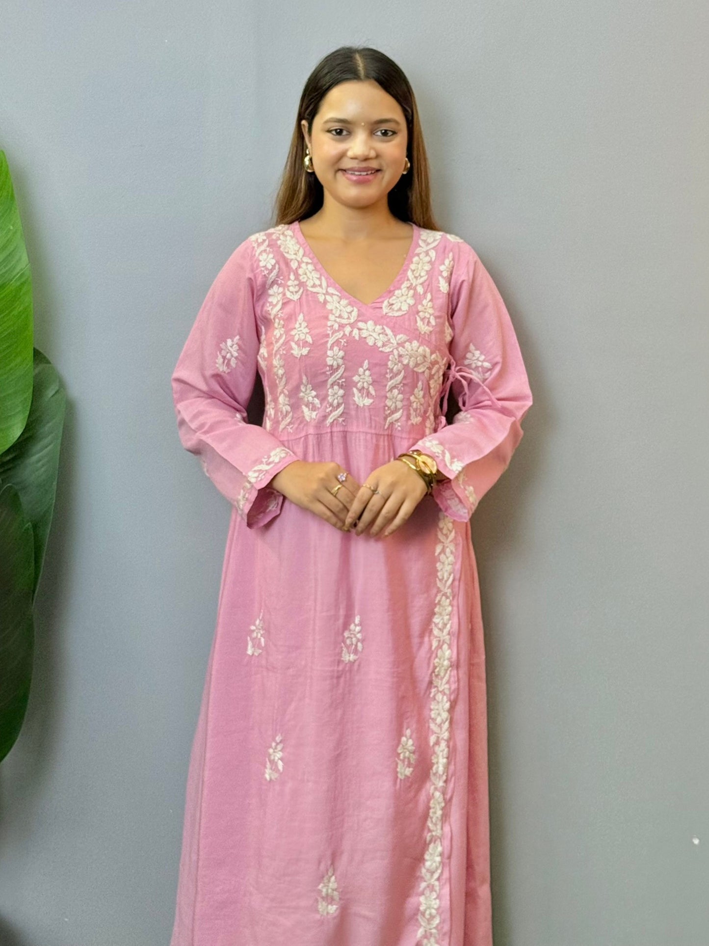 Pink chikankari angrakha kurta in chanderi fabric with elegant hand embroidery