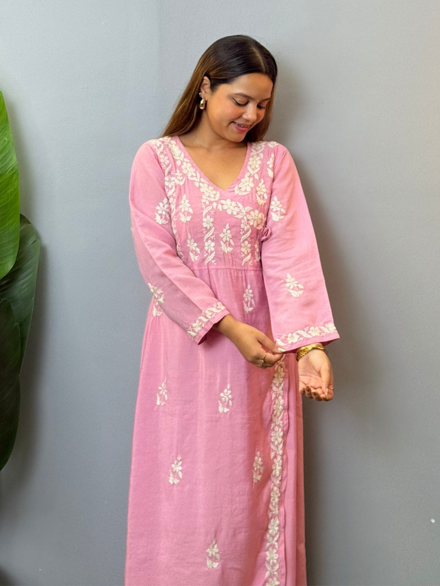 Pink chikankari angrakha kurta in chanderi fabric with elegant hand embroidery
