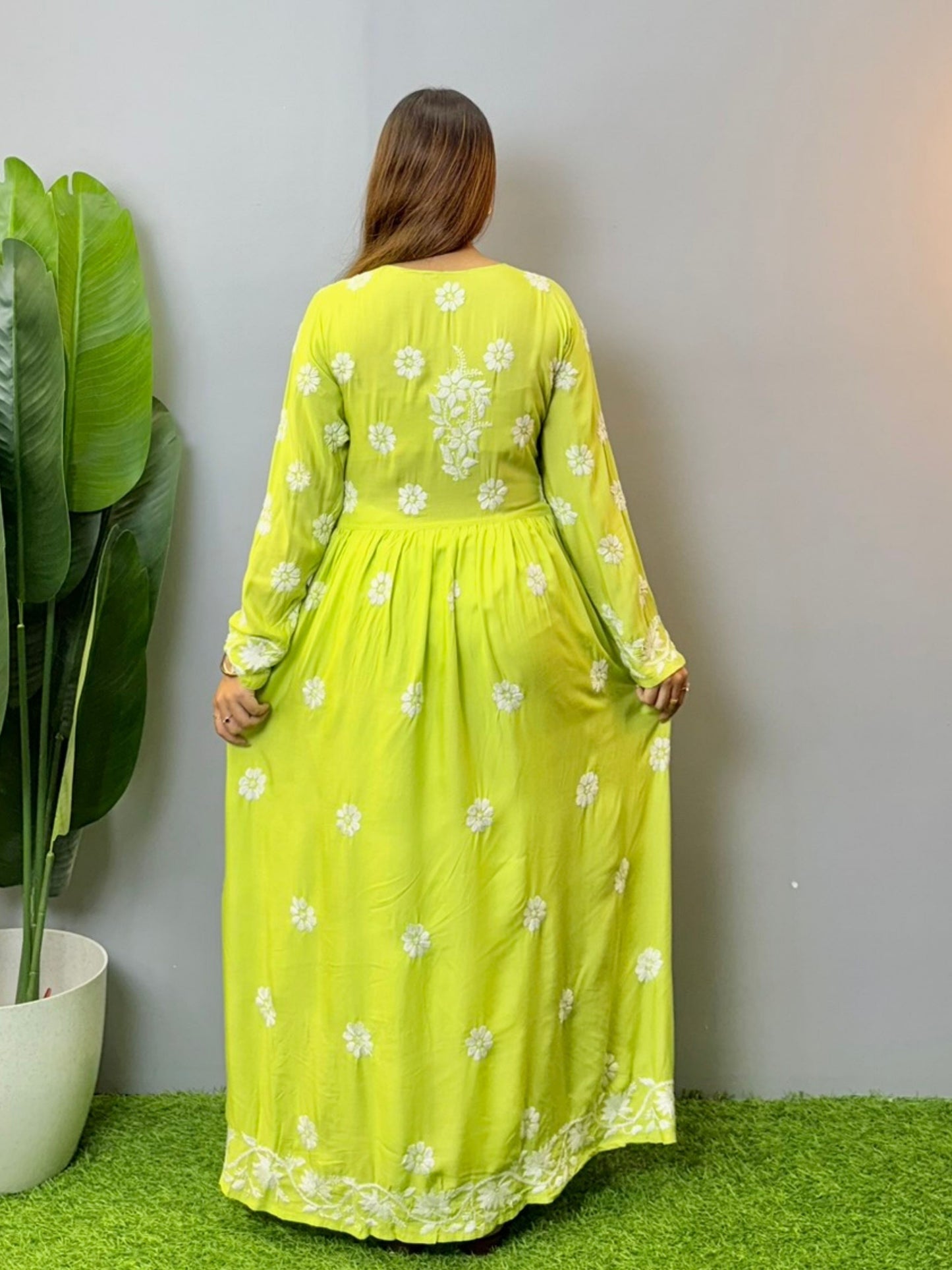 Lime green chikankari long frock with heavy hand embroidery on modal fabric