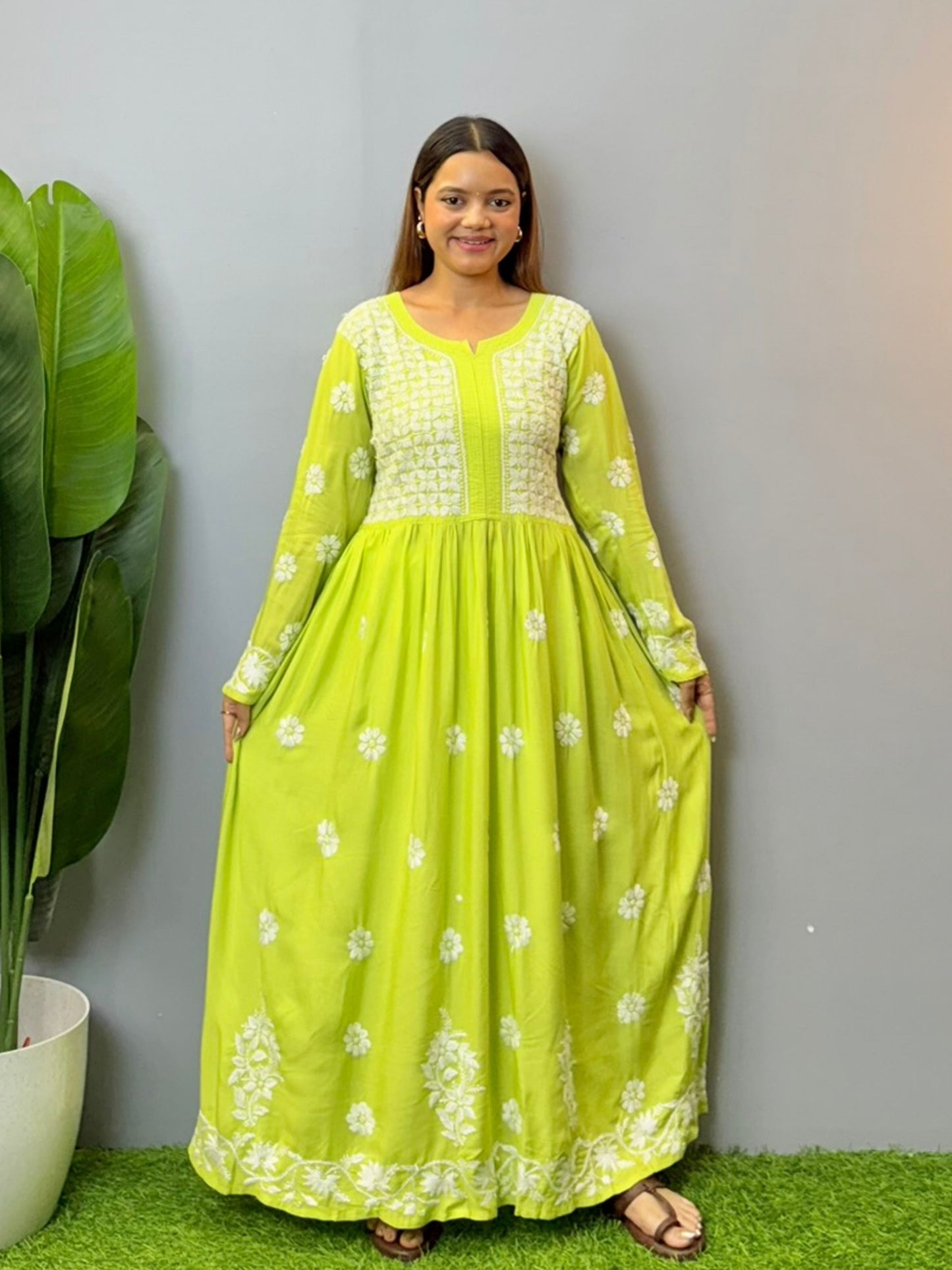 Lime green chikankari long frock with heavy hand embroidery on modal fabric
