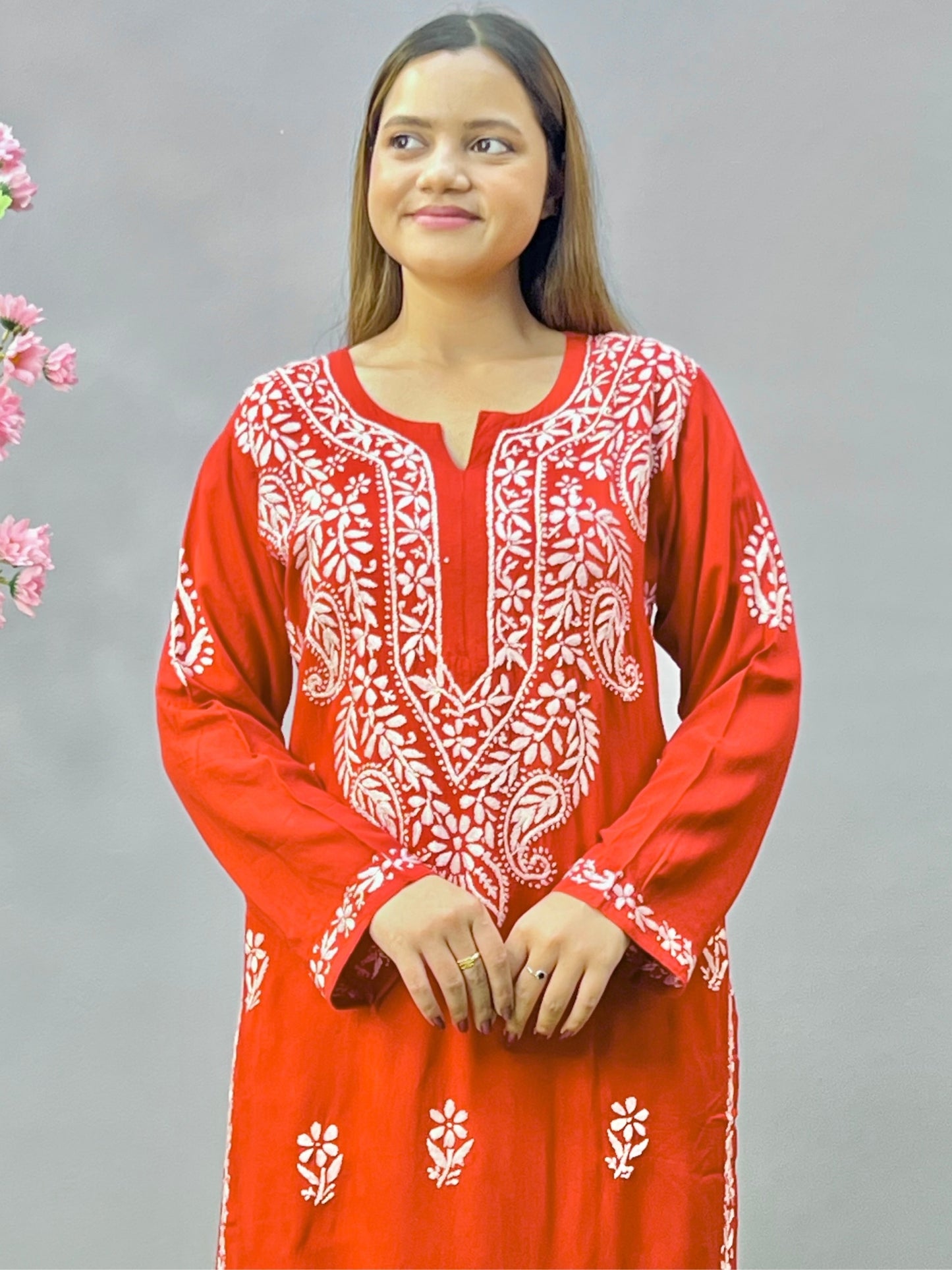 Red Lucknow Chikankari Rayon Kurta with Hand Embroidery – Soft & Premium Quality